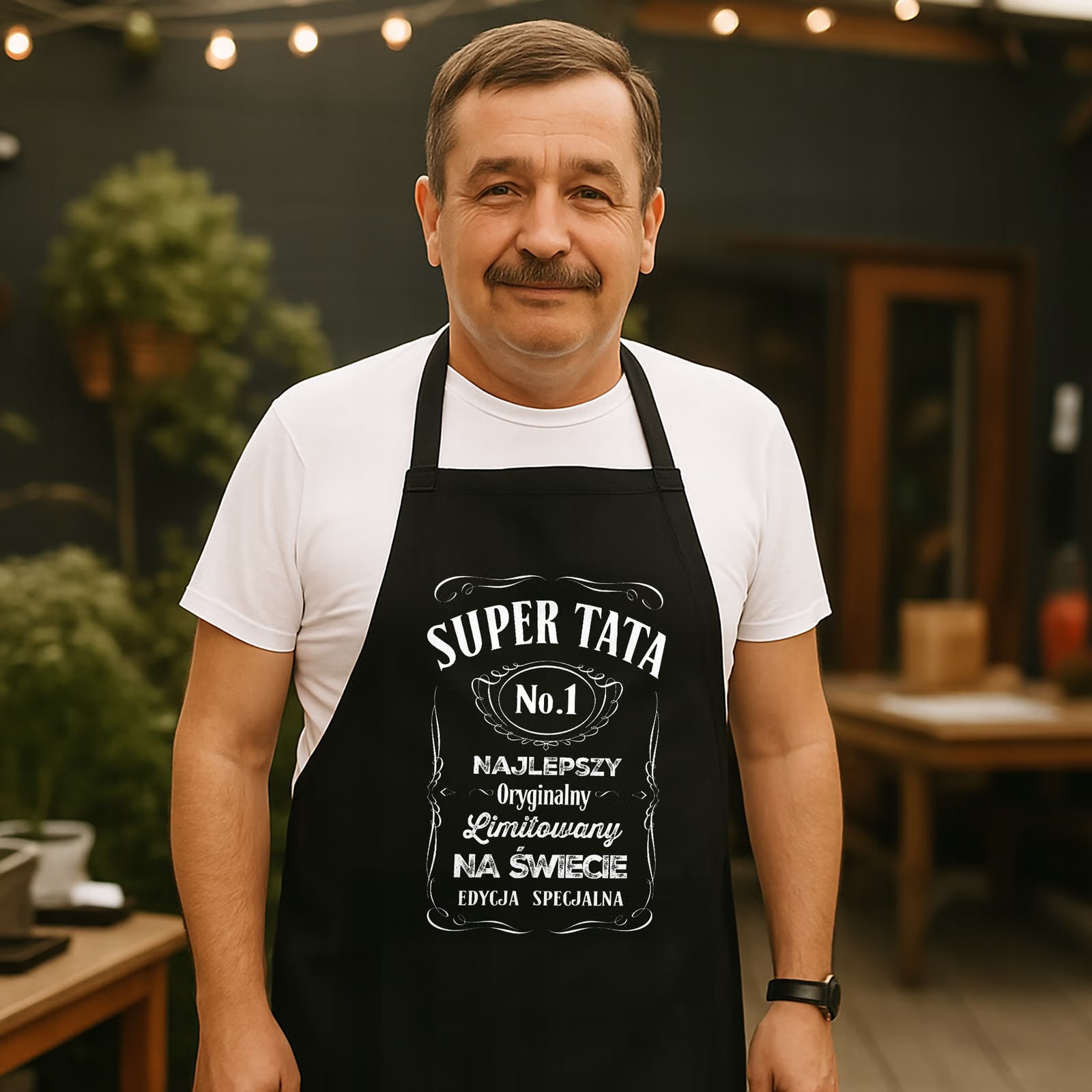 Bawełniany Czarny Fartuch Kuchenny Dzień Ojca Super Tata Z Nadrukiem