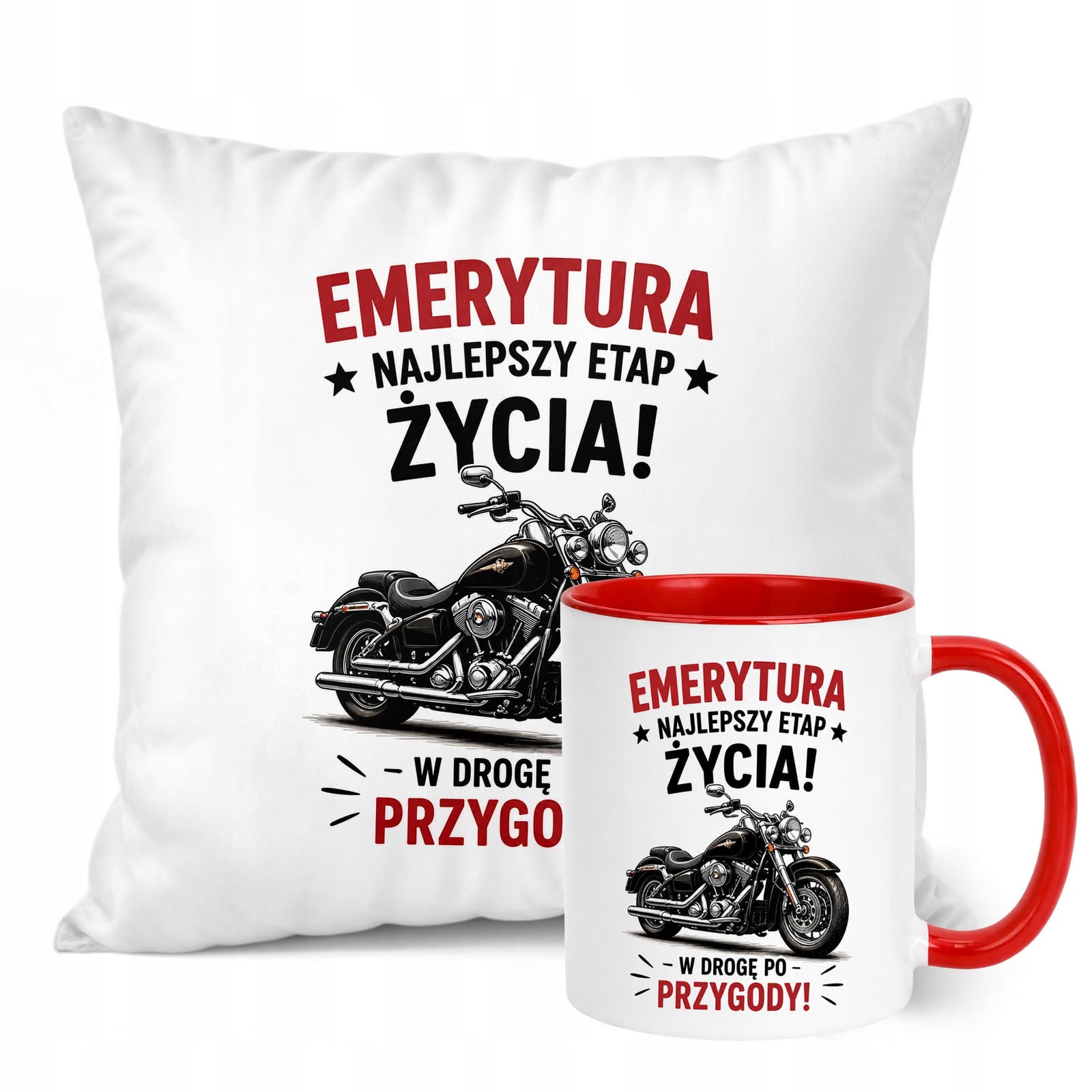 Zestaw Kubek Czerwony Poduszka Z Nadrukiem Emerytura Dla Emeryta Prezent