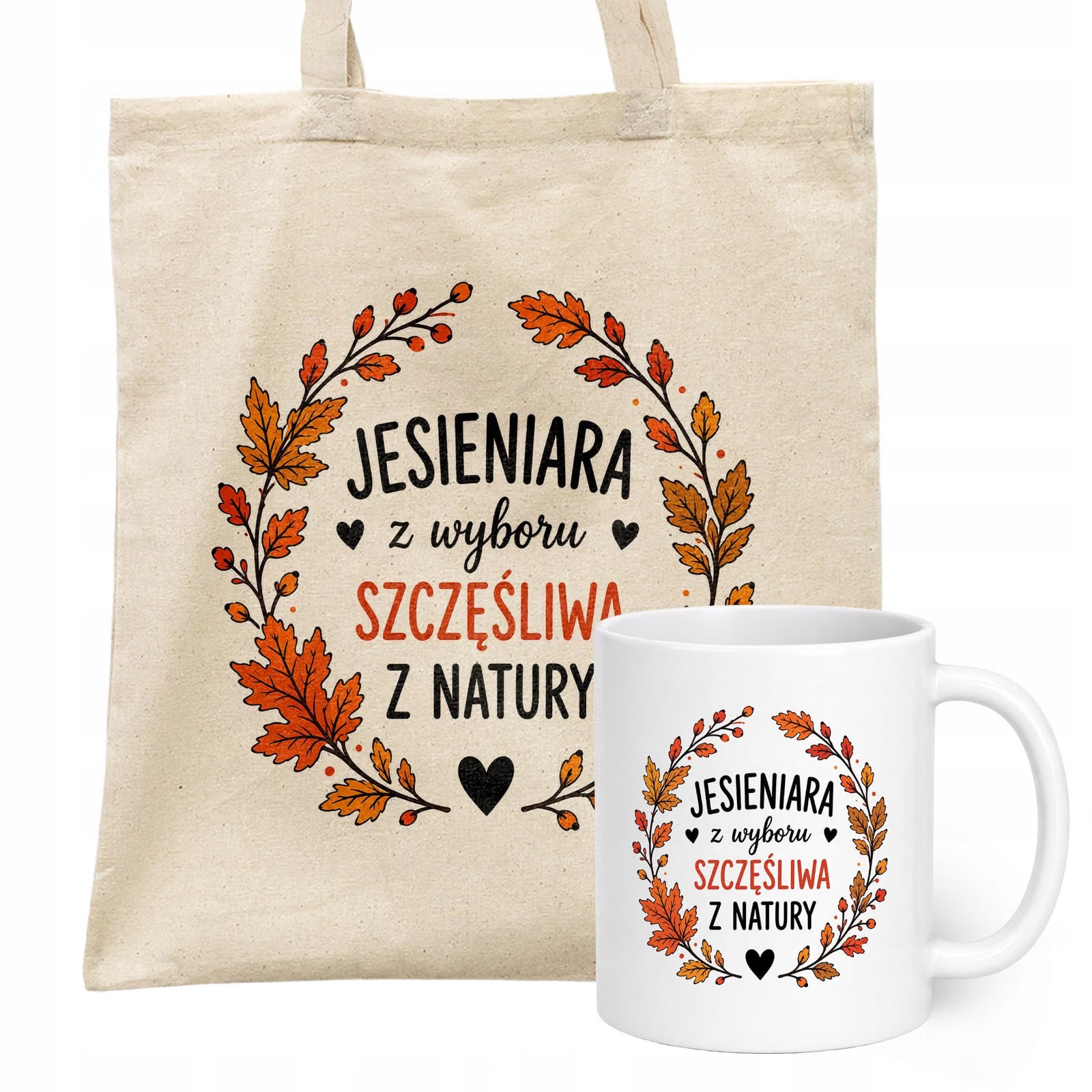 Zestaw Kubek Biały Torba Shopper Ecru Z Nadrukiem Jesień Jesienny Prezent