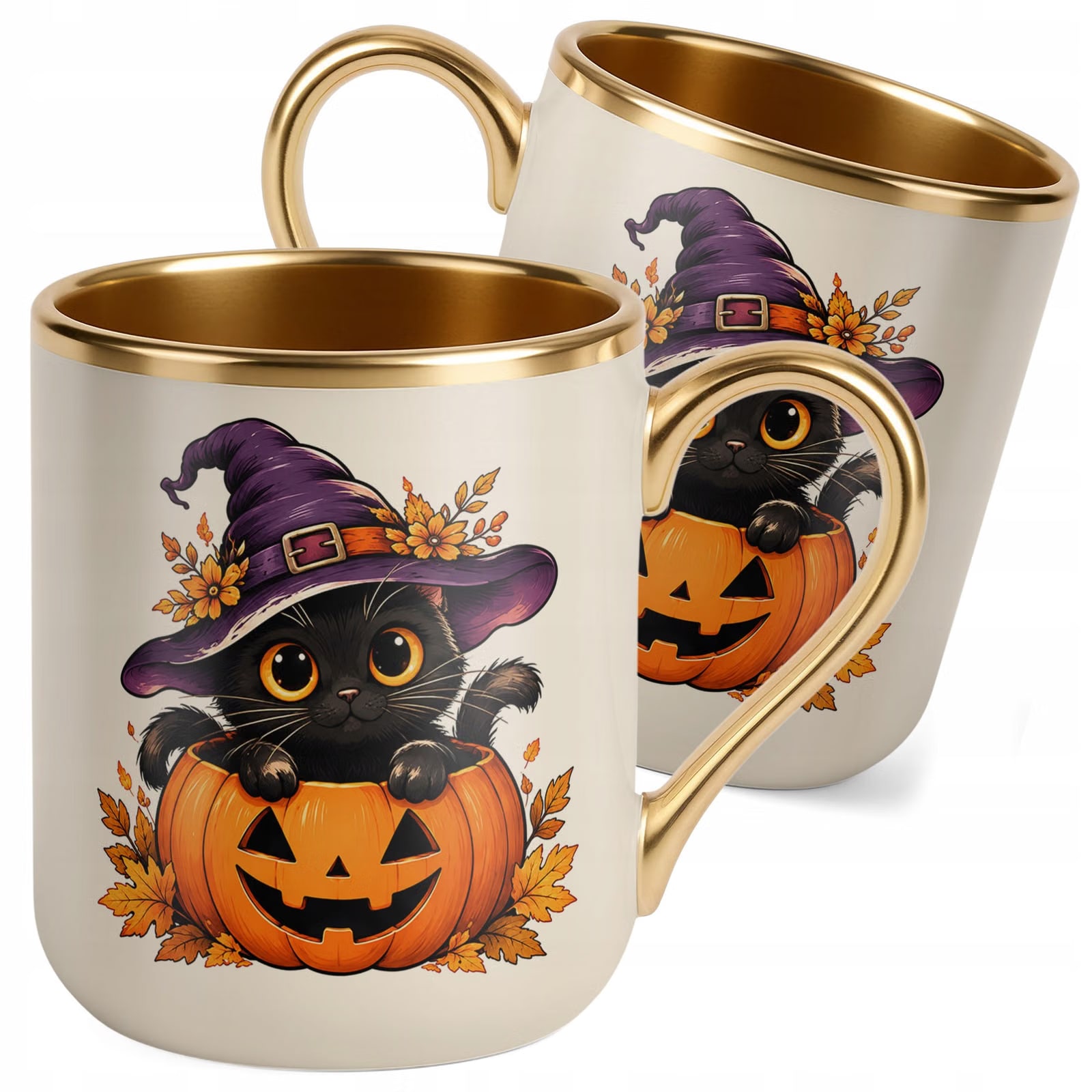 Kubek Premium Złoty Ecru z Nadrukiem Halloween Jesień Prezent