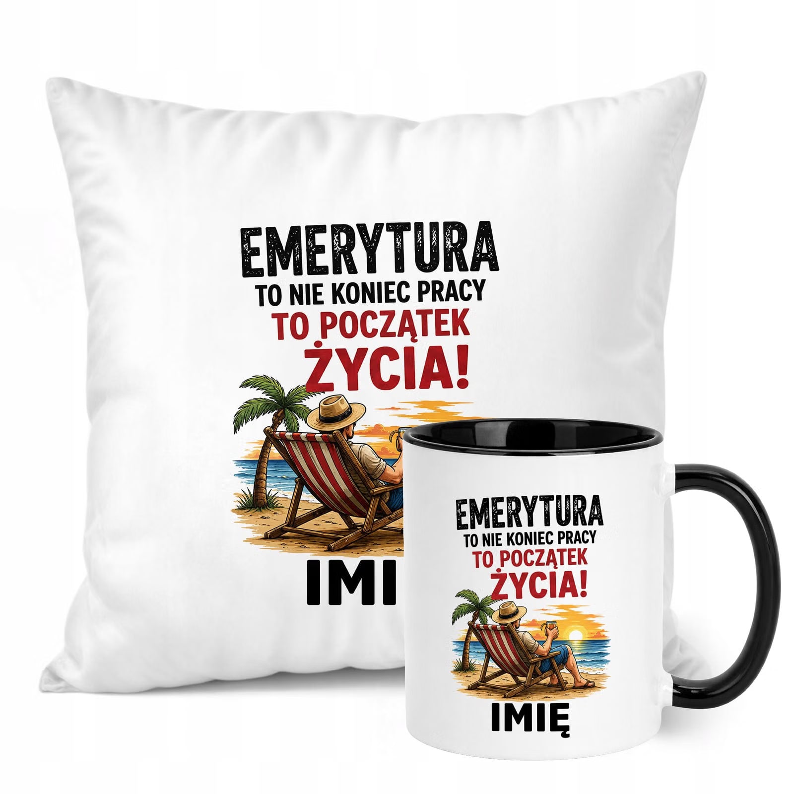 Zestaw Personalizowany Kubek Czarny Poduszka Emerytura Upominek Prezent