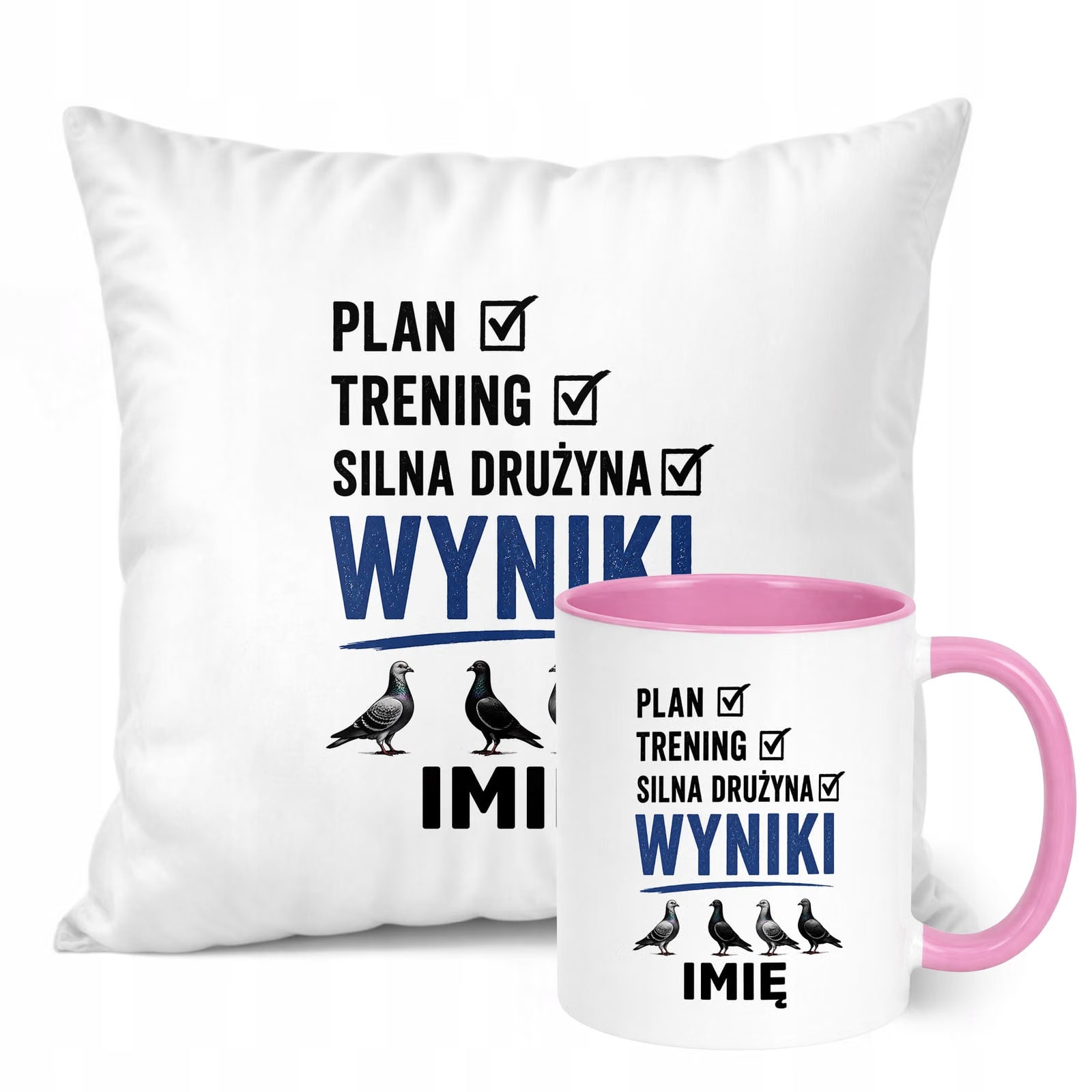 Zestaw Personalizowany Kubek Różowy Poduszka Z Nadrukiem Dla Gołębiarza