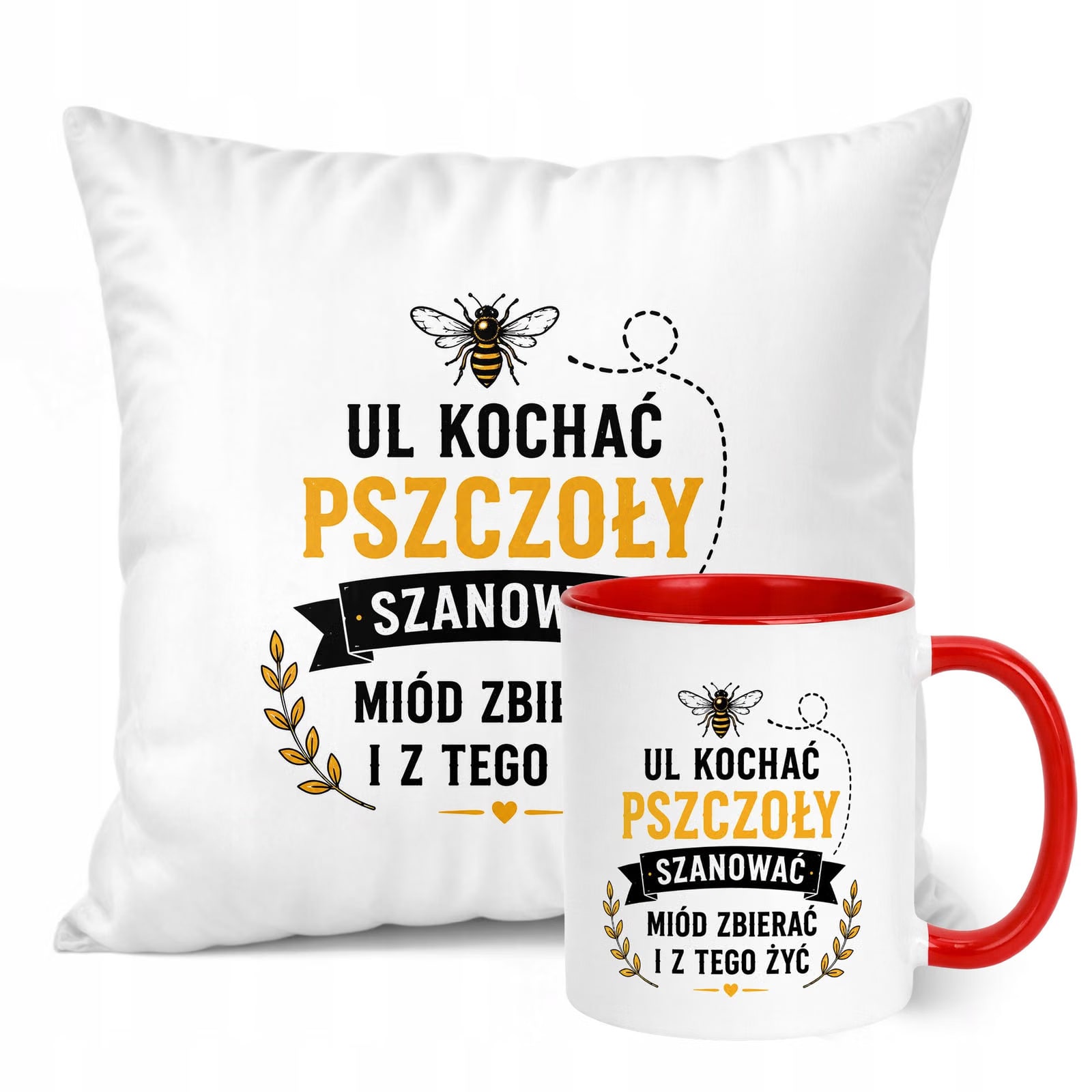 Zestaw Kubek Czerwony Poduszka Z Nadrukiem Dla Pszczelarza Prezent