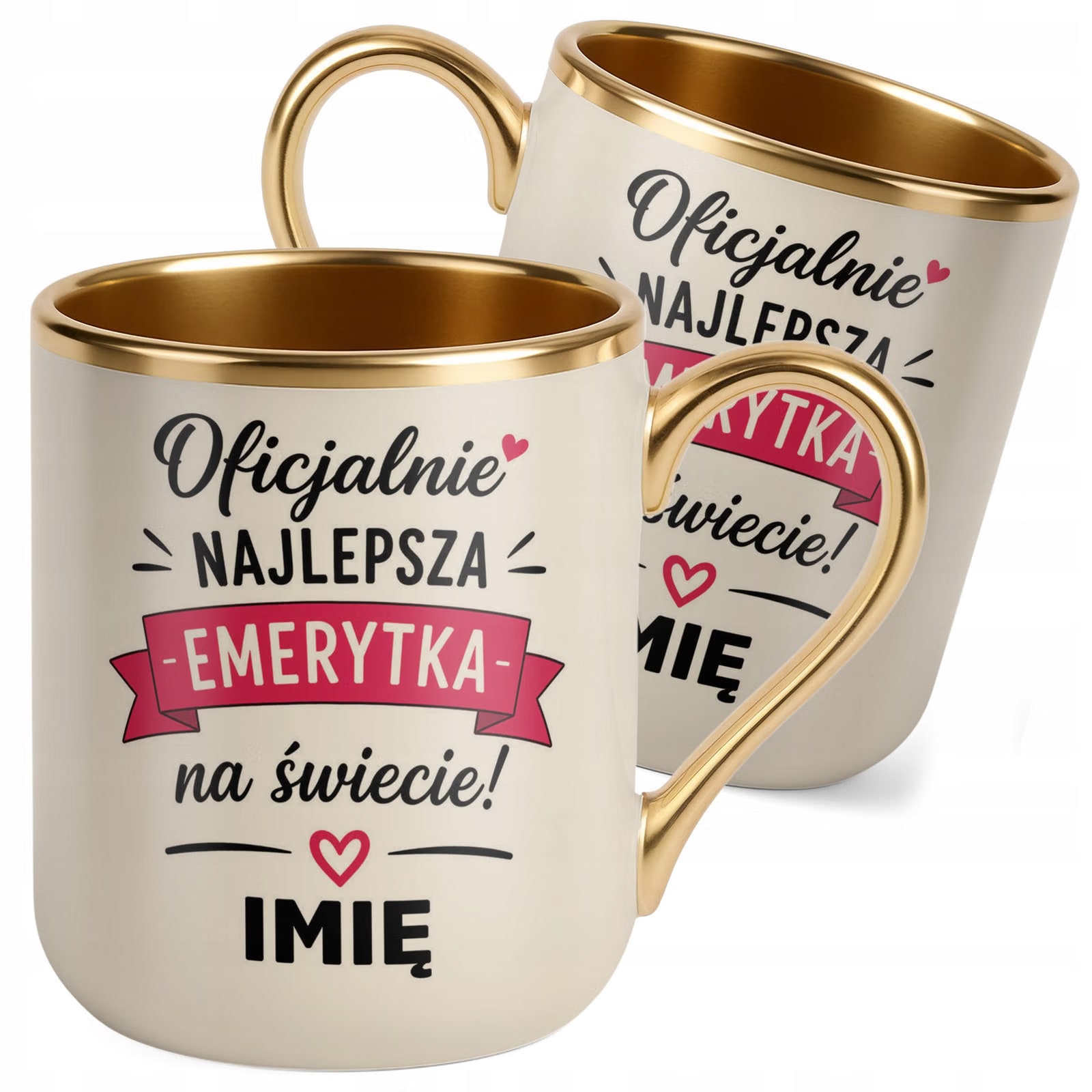 Kubek Personalizowany z nadrukiem Premium Złoty Ecru Emerytura Prezent