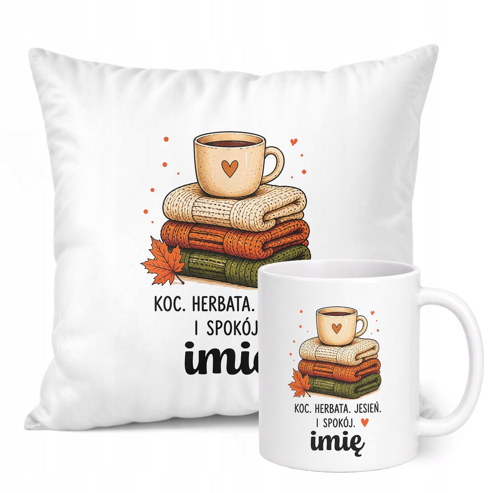 Zestaw Personalizowany Kubek Biały Poduszka Jesień Jesienny Z Nadrukiem