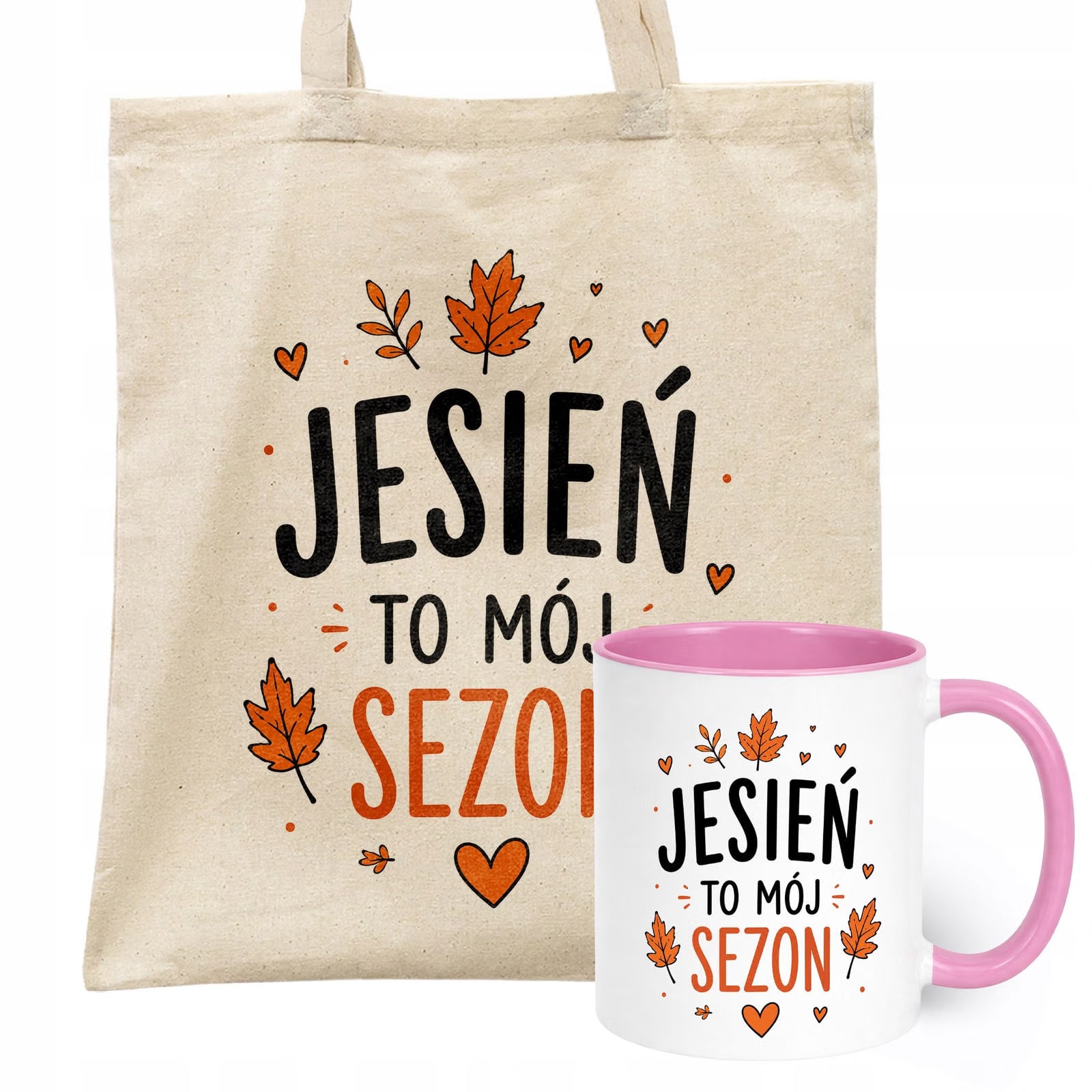 Zestaw Kubek Różowy Torba Shopper Ecru Z Nadrukiem Jesień Jesienny