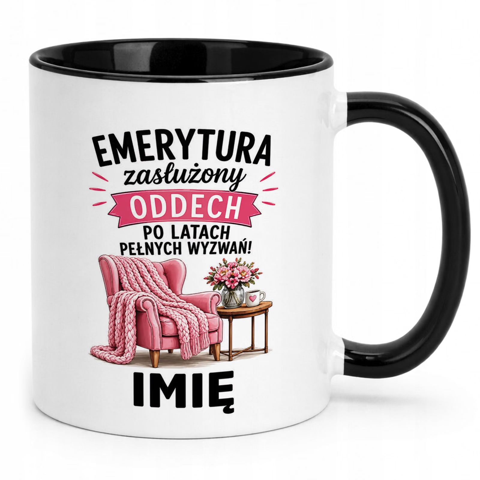 Kubek Czarny Personalizowany z Nadrukiem Emerytura Dla Emerytki Prezent