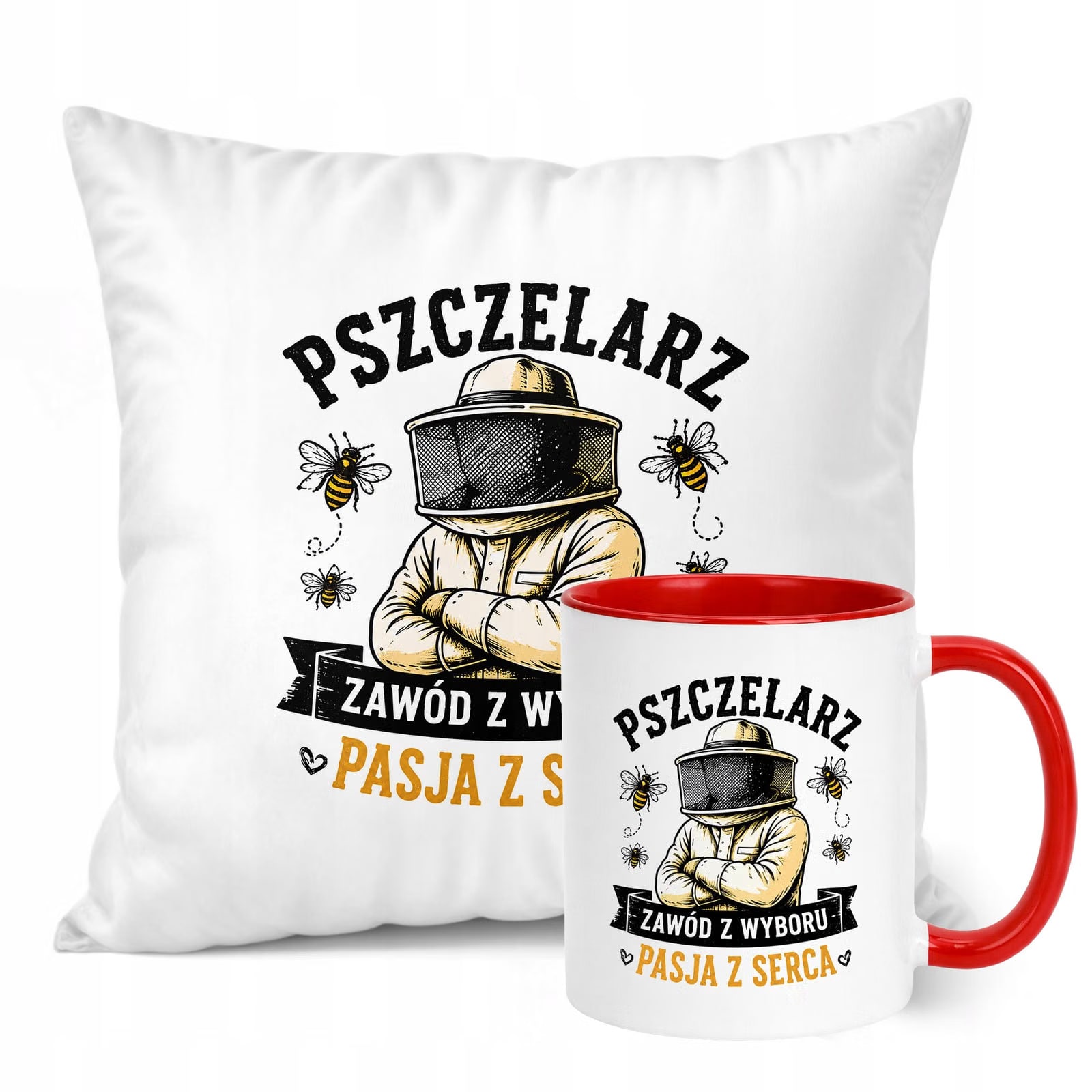 Zestaw Kubek Czerwony Poduszka Z Nadrukiem Dla Pszczelarza Prezent