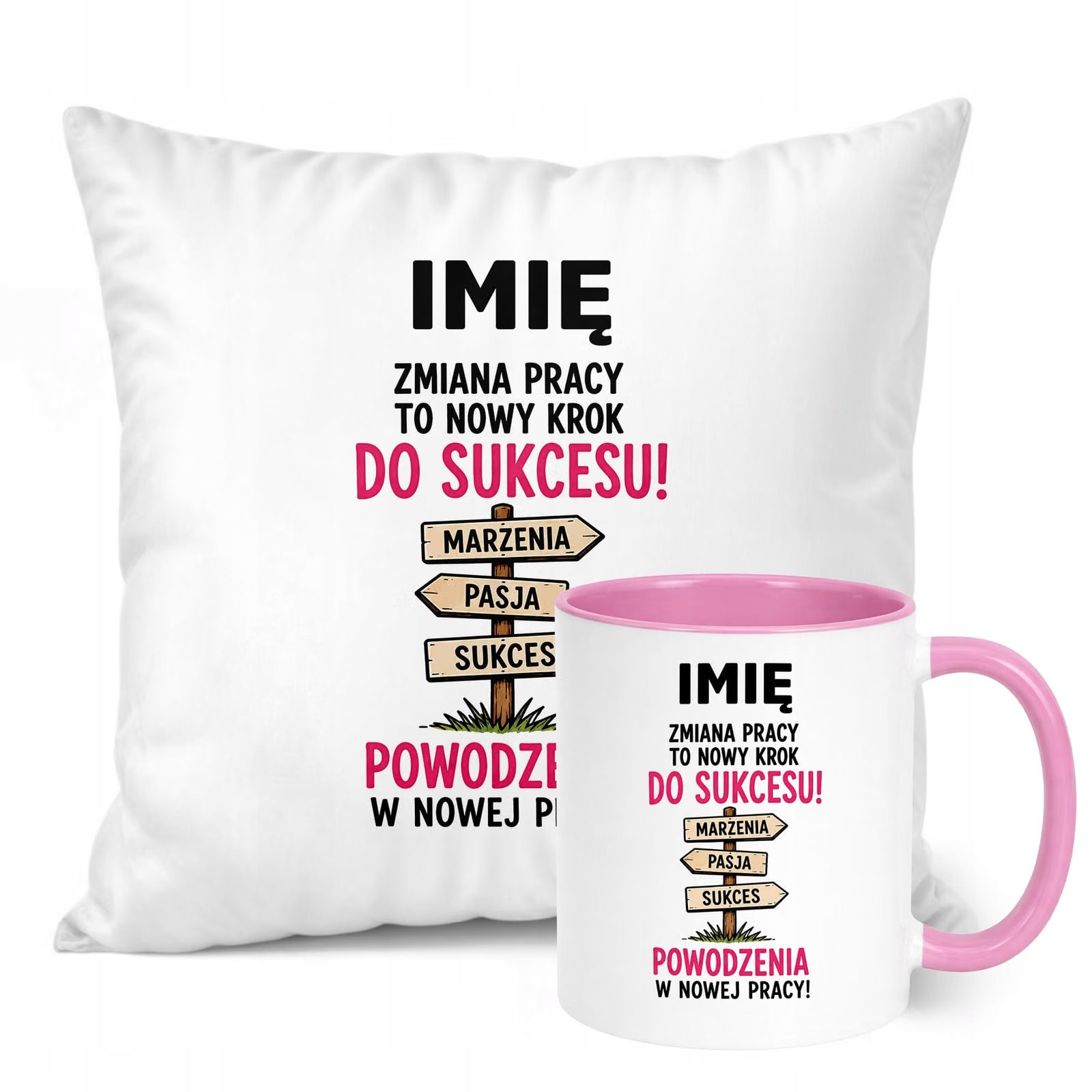 Zestaw Personalizowany Kubek Różowy Poduszka Odejście z Pracy Prezent