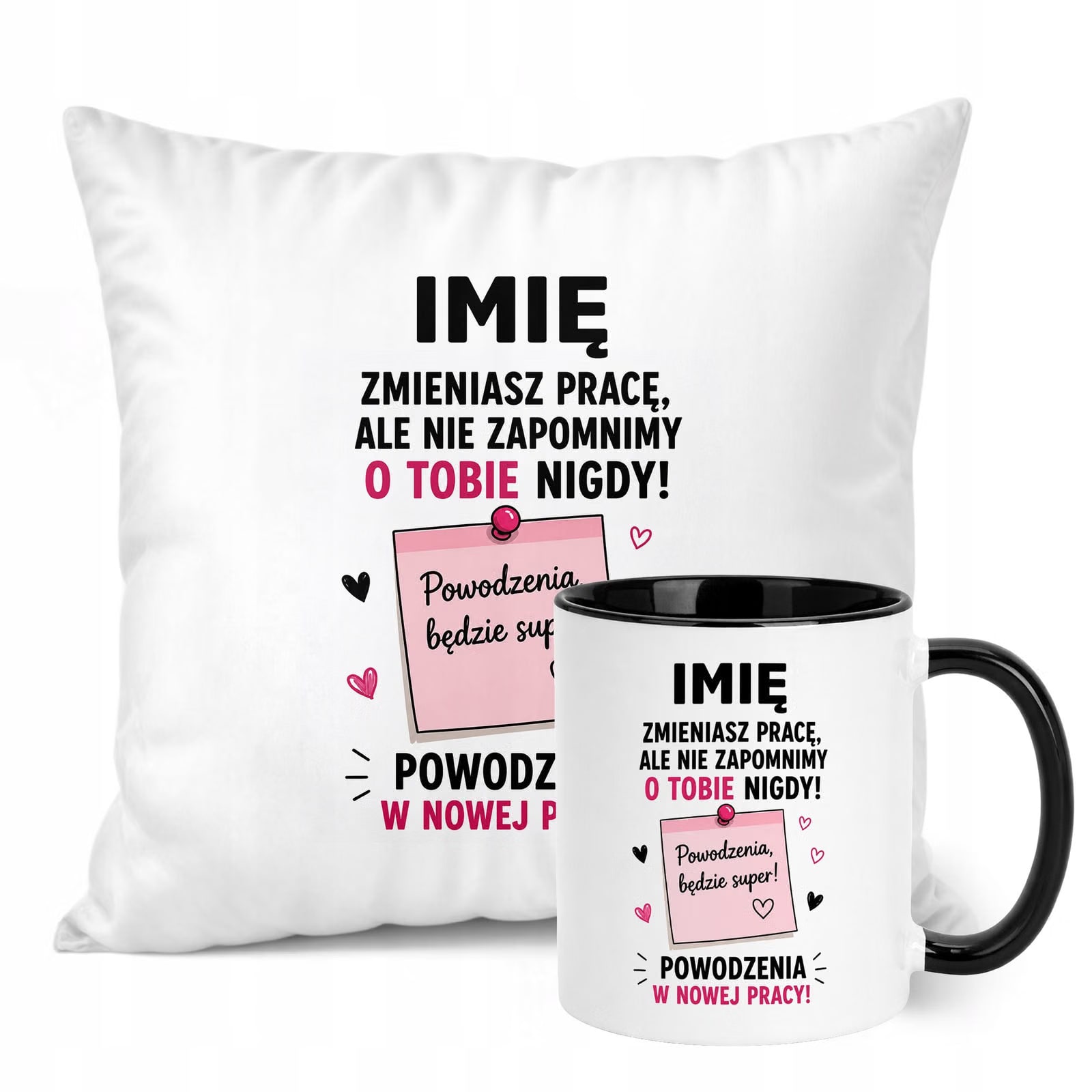 Zestaw Personalizowany Kubek Czarny Poduszka Odejście z Pracy Prezent
