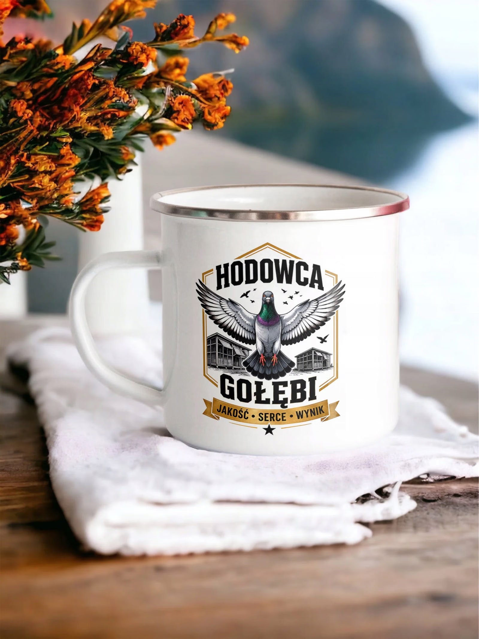 Kubek Emaliowany Dla Hodowcy Gołębi z Nadrukiem Biały Metalowy Prezent