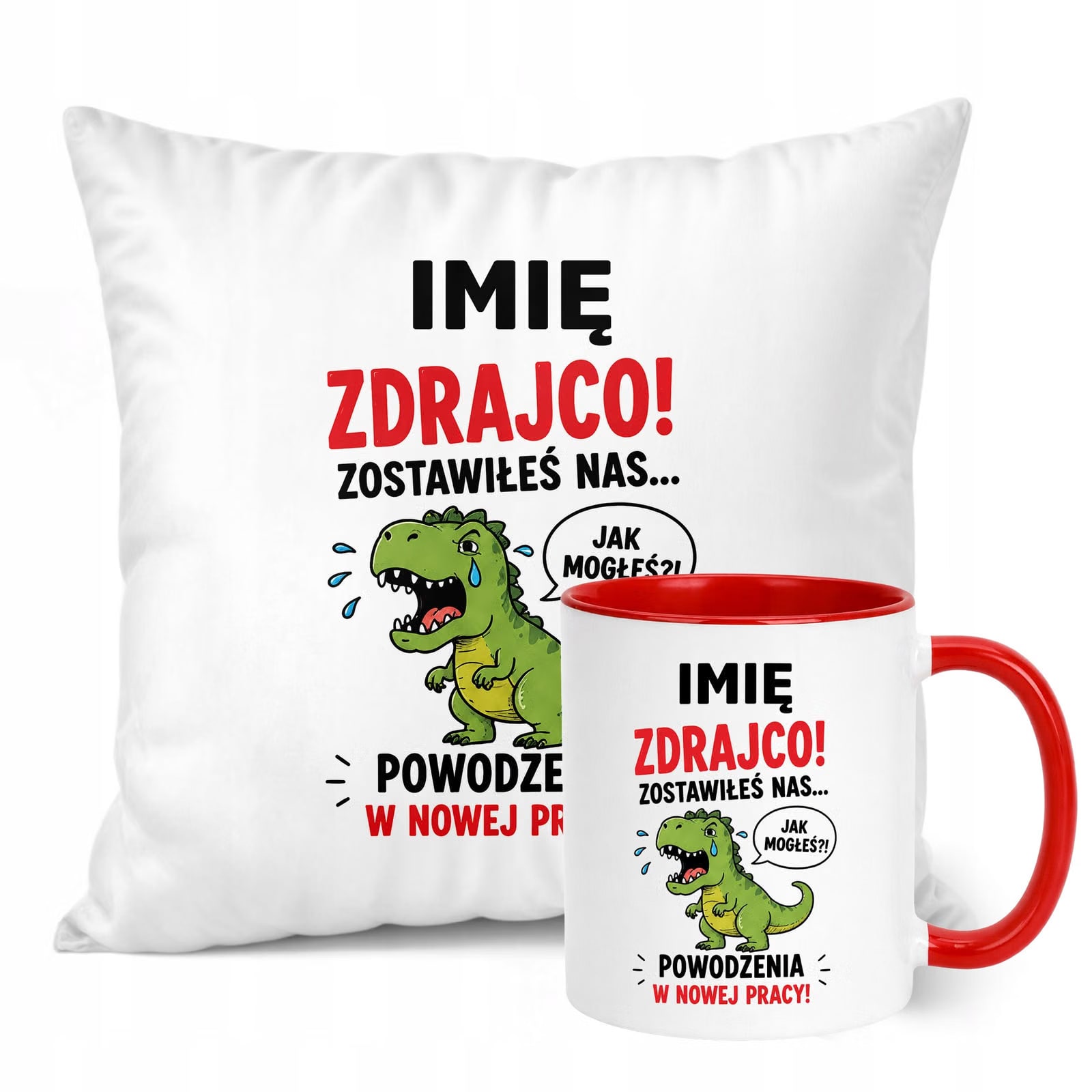 Zestaw Personalizowany Kubek Czerwony Poduszka Odejście z Pracy Prezent