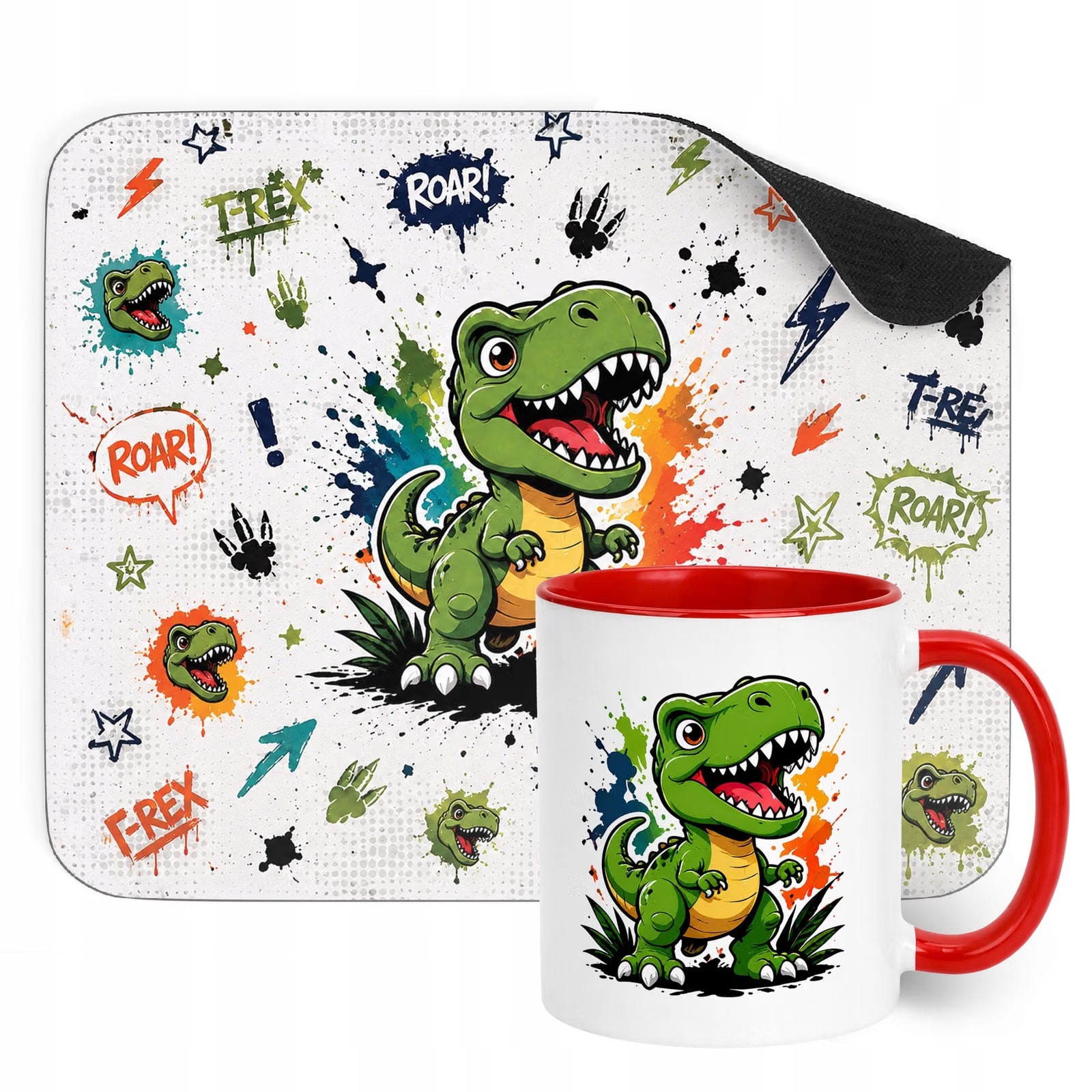 Zestaw Kubek Czerwony Podkładka pod mysz z nadrukiem T-rex