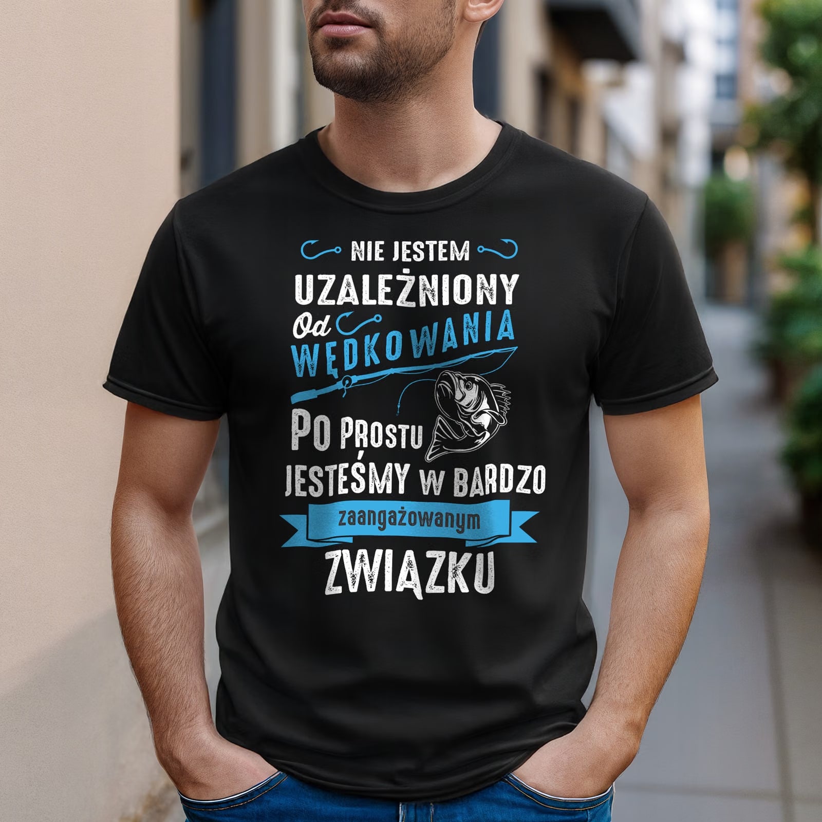 Koszulka czarna męska Dla Wędkarza Wędkowanie Ryby Prezent