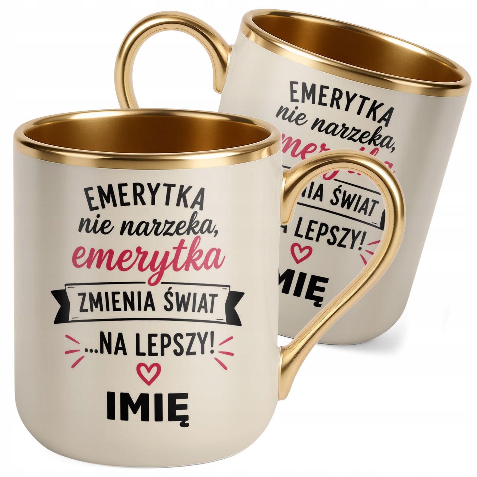 Kubek Personalizowany z nadrukiem Premium Złoty Ecru Emerytura Prezent