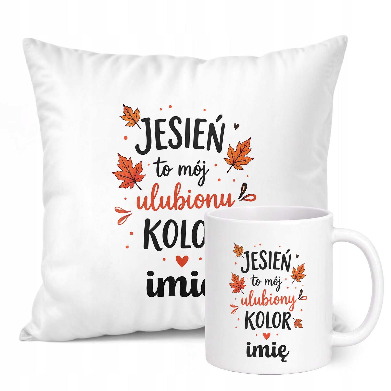 Zestaw Personalizowany Kubek Biały Poduszka Jesień Jesienny Z Nadrukiem