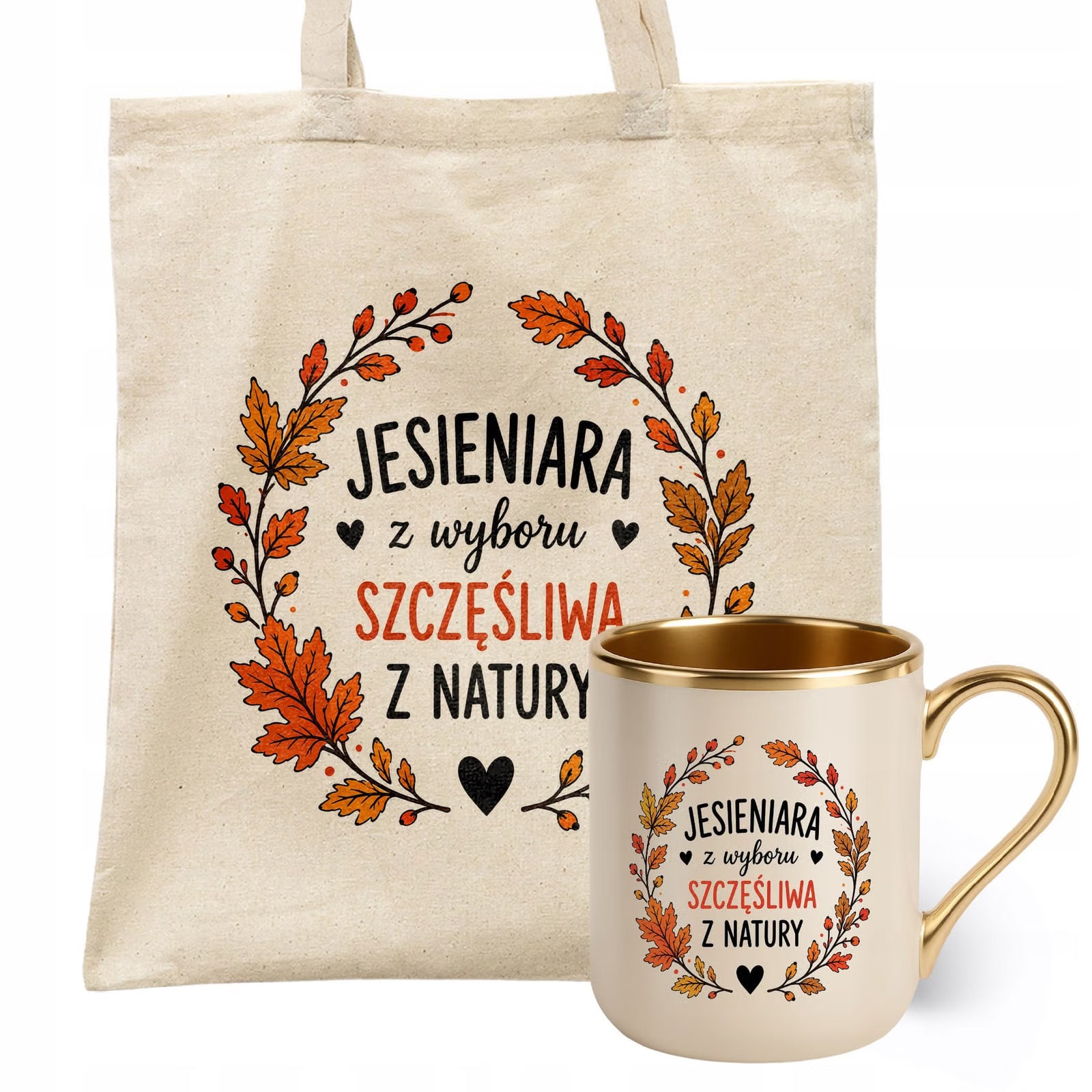 Zestaw Kubek Premium Złoty Ecru Torba Shopper Ecru Z Nadrukiem Jesień