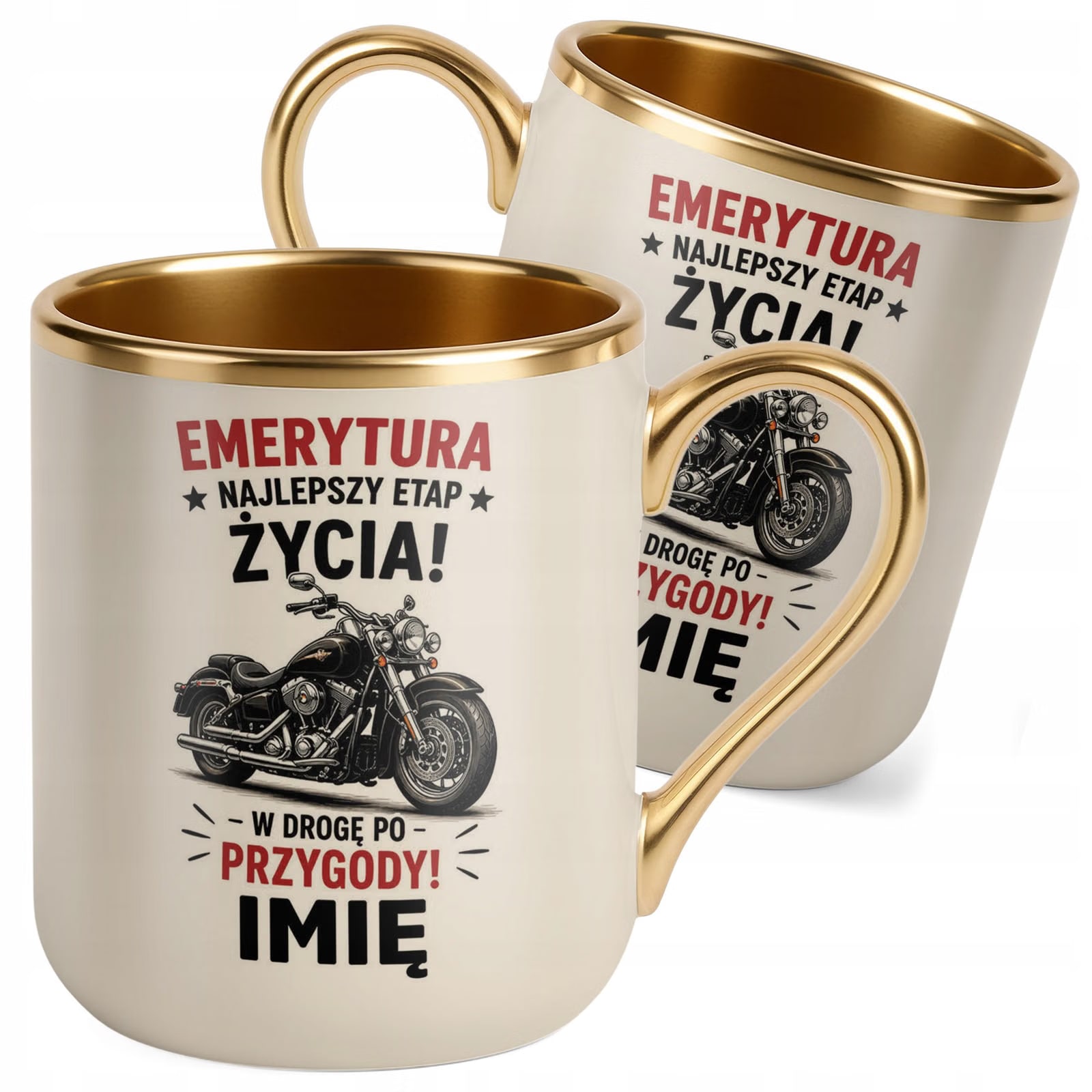Kubek Personalizowany z nadrukiem Premium Złoty Ecru Emerytura Prezent