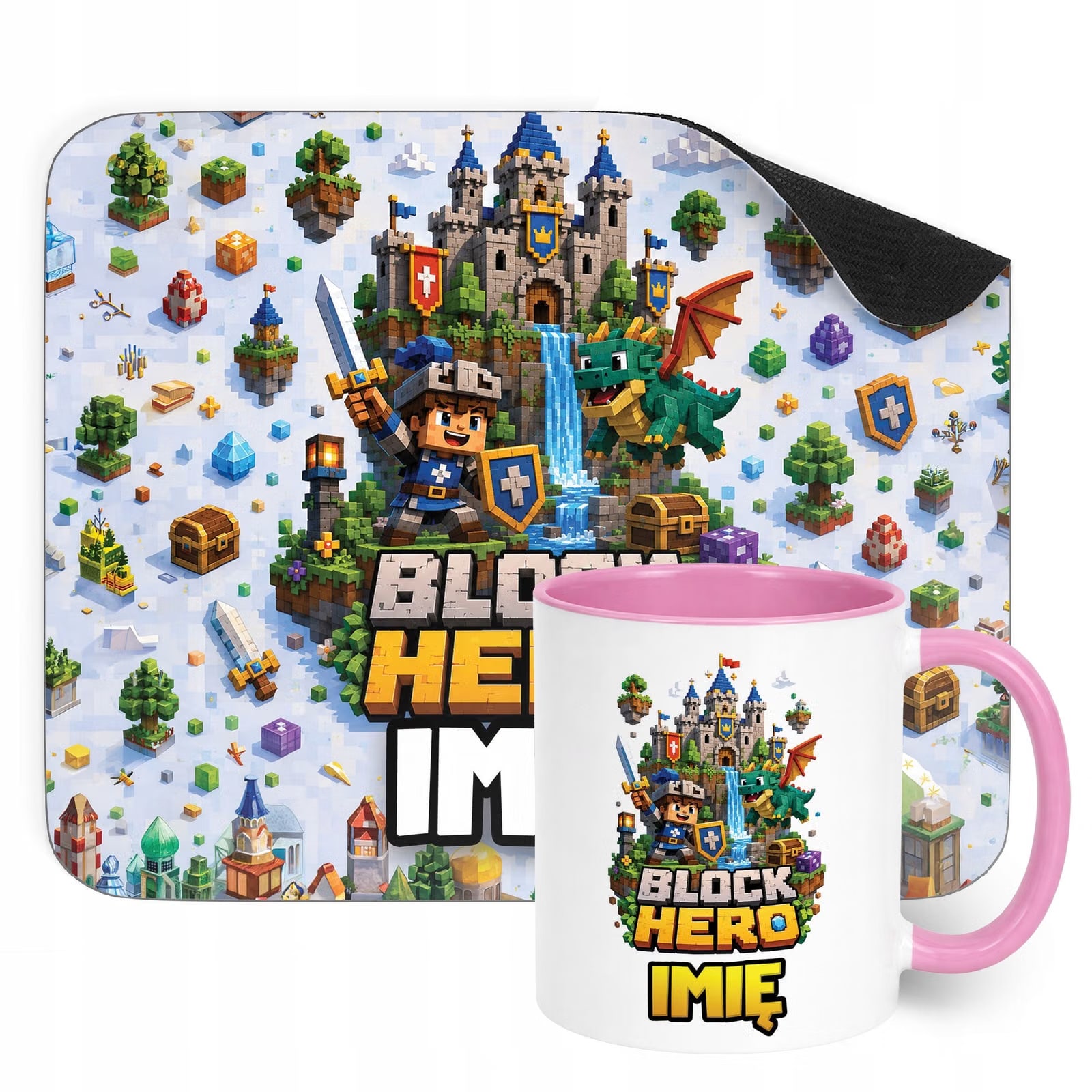 Zestaw personalizowany Kubek Różowy Podkładka pod mysz gra Block Hero