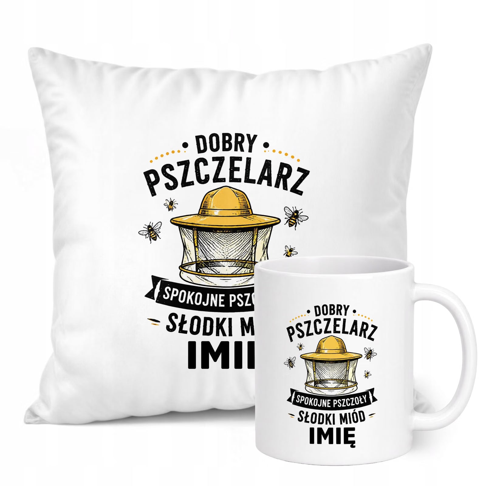 Zestaw Personalizowany Kubek Biały Poduszka Z Nadrukiem Dla Pszczelarza