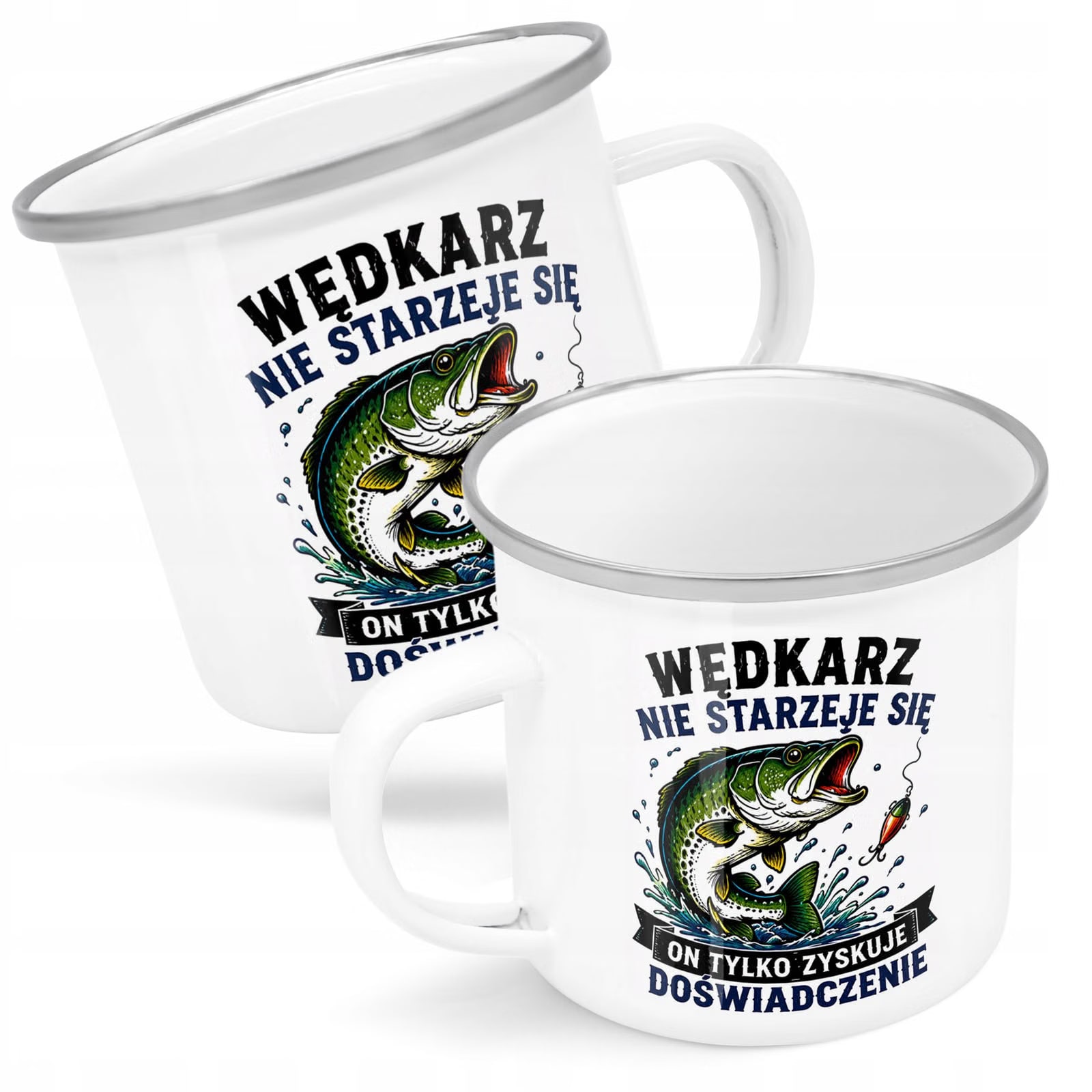Kubek Emaliowany Dla Wędkarza z Nadrukiem Biały Metalowy Prezent