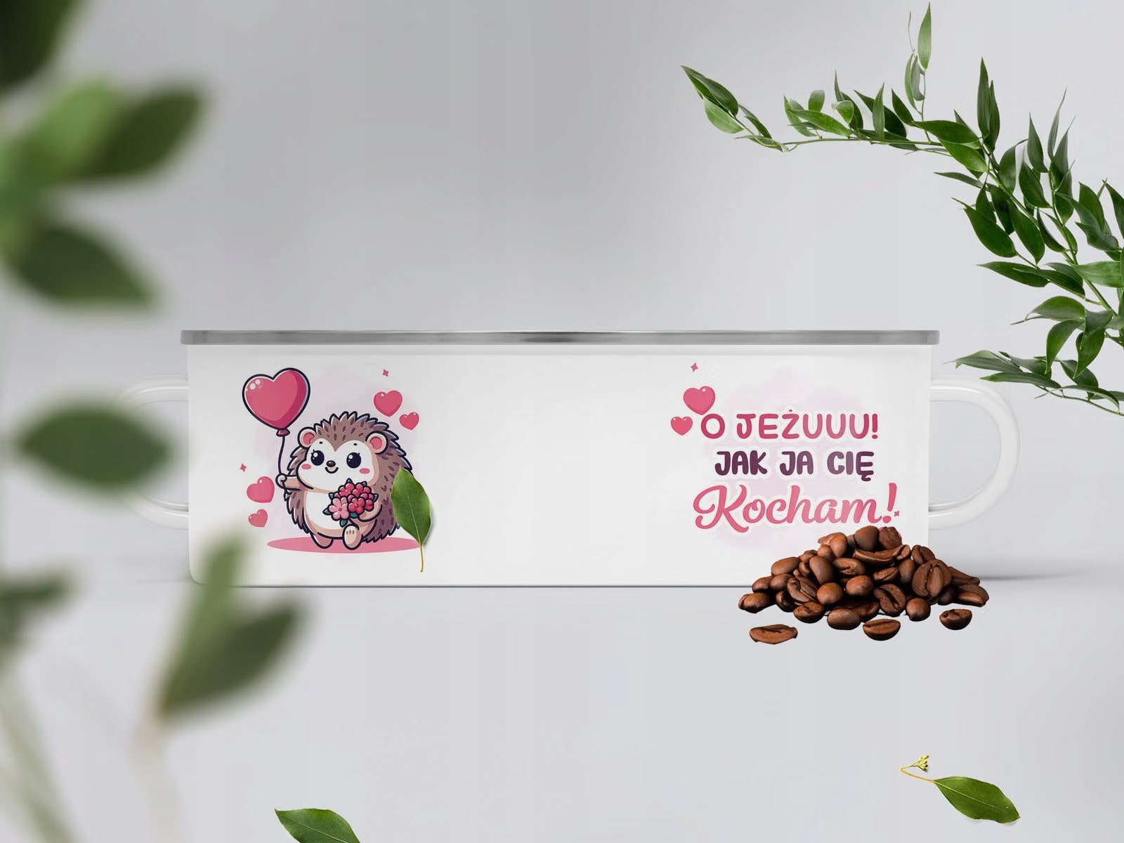 Kubek Emaliowany Walentynki Kocham Cię Prezent z Nadrukiem Biały Metalowy