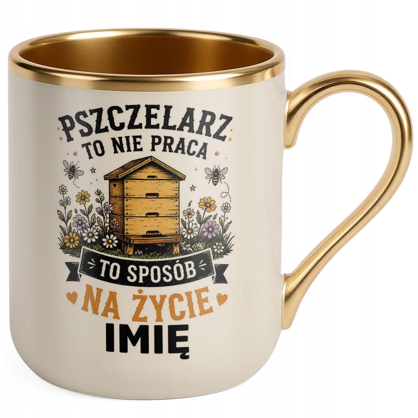 Kubek Personalizowany z nadrukiem Premium Złoty Ecru Dla Pszczelarza