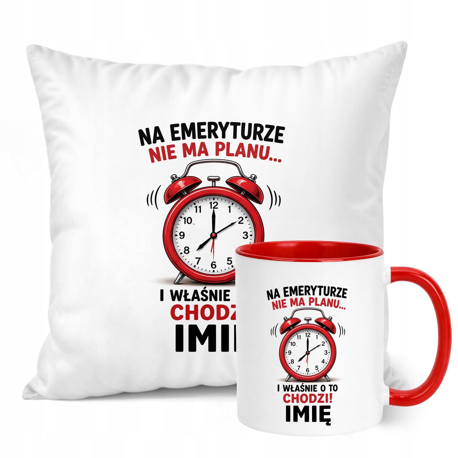 Zestaw Personalizowany Kubek Czerwony Poduszka Emerytura Upominek Prezent