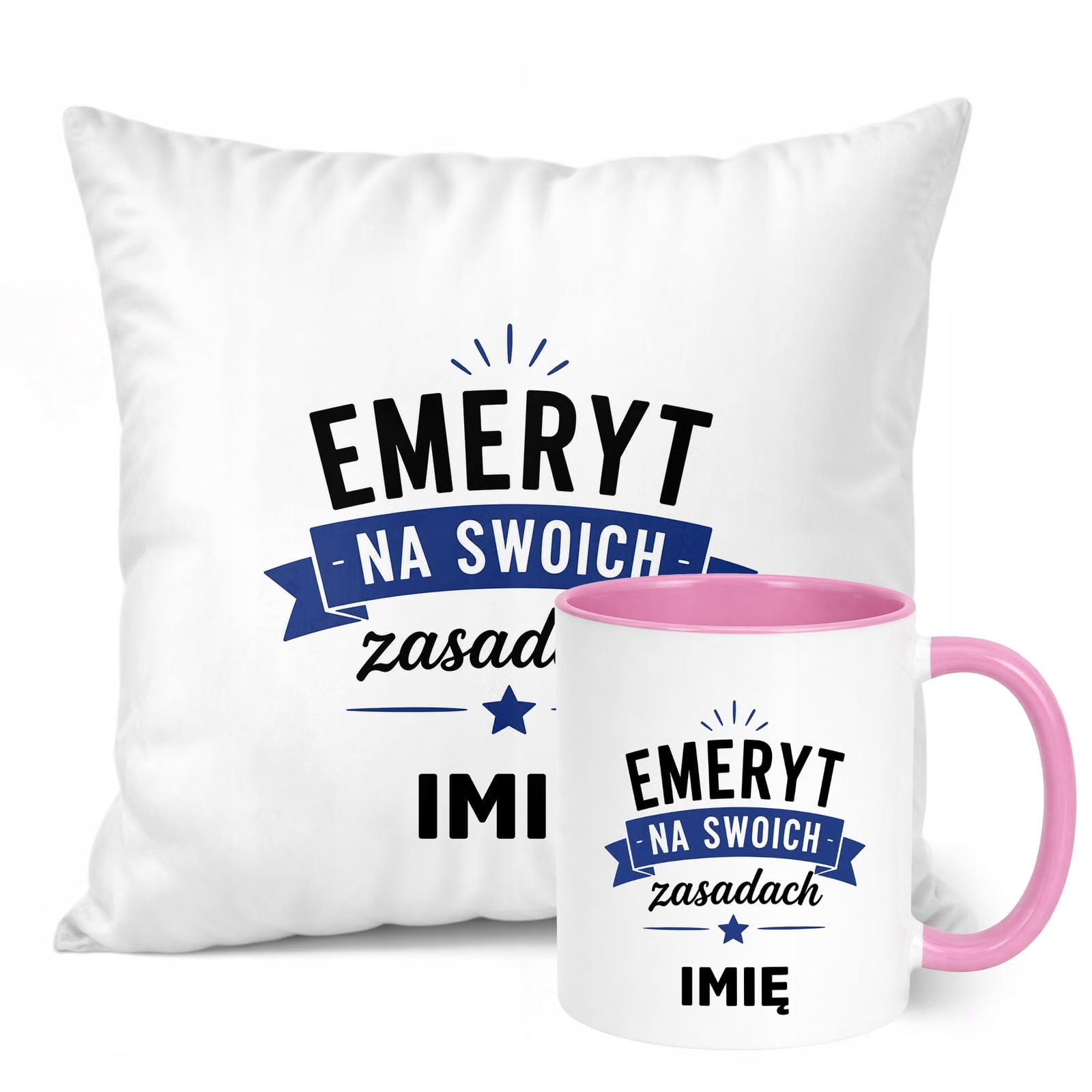 Zestaw Personalizowany Kubek Różowy Poduszka Emerytura Upominek Prezent