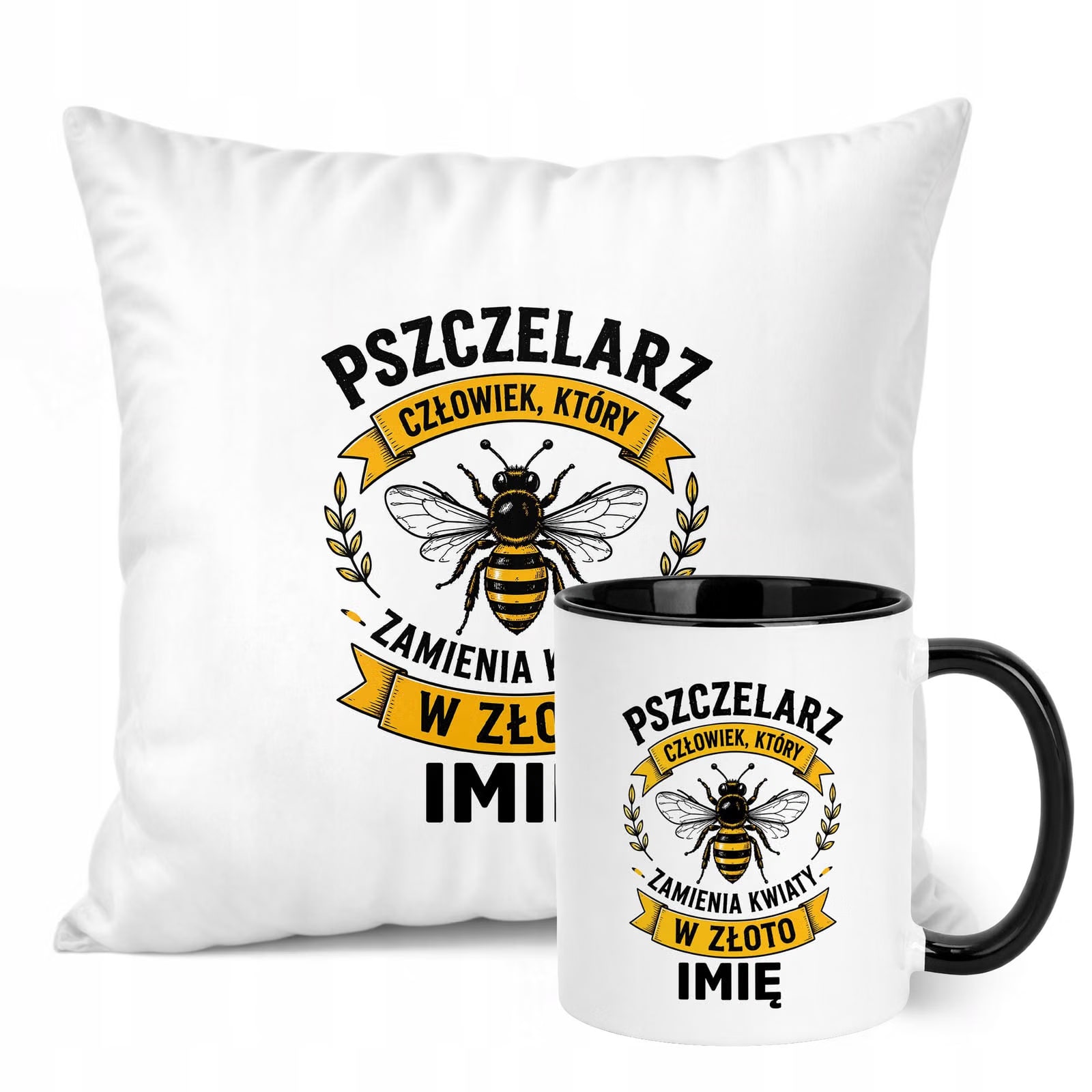 Zestaw Personalizowany Kubek Czarny Poduszka Z Nadrukiem Dla Pszczelarza