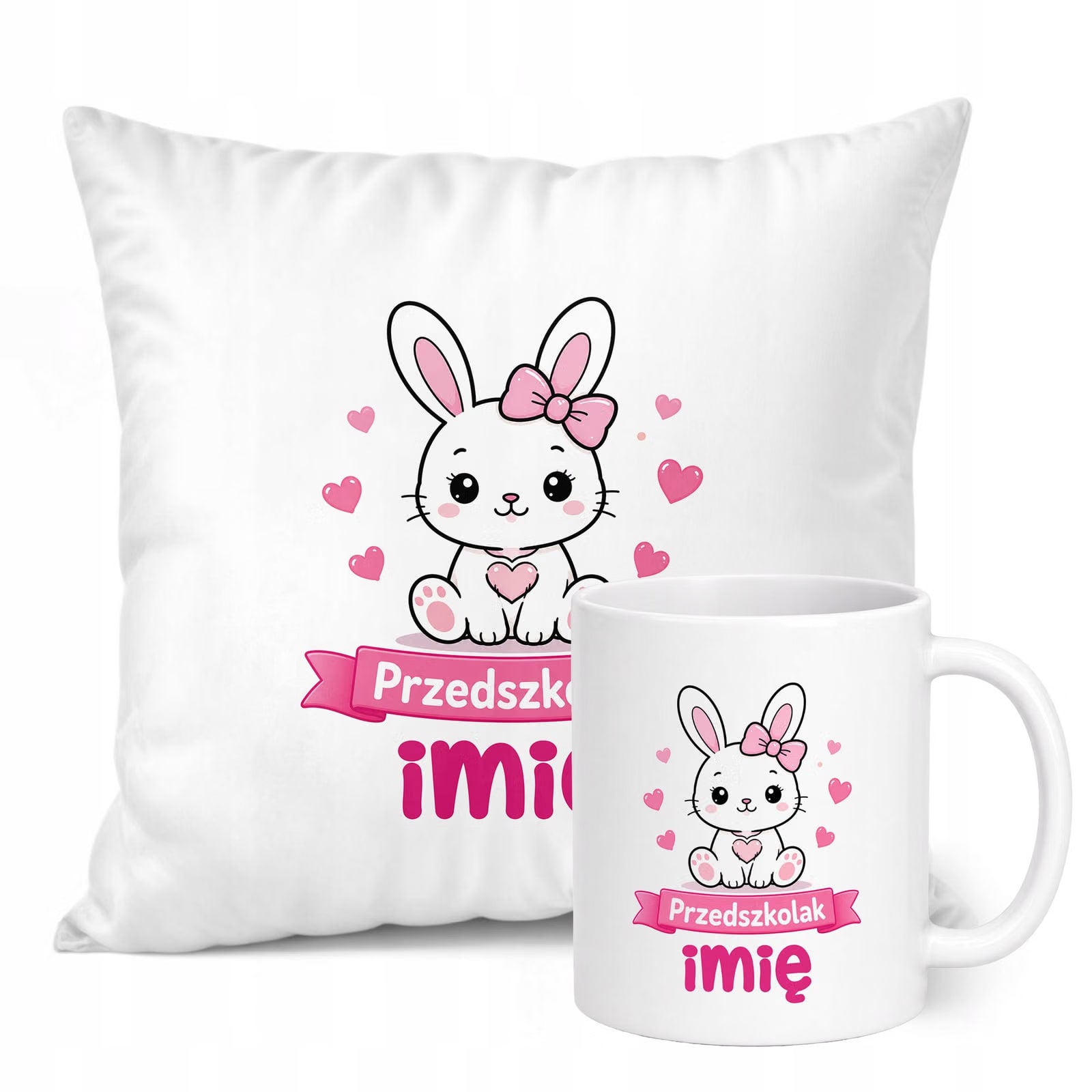 Zestaw Personalizowany Kubek Biały Poduszka Przedszkolak Króliczek