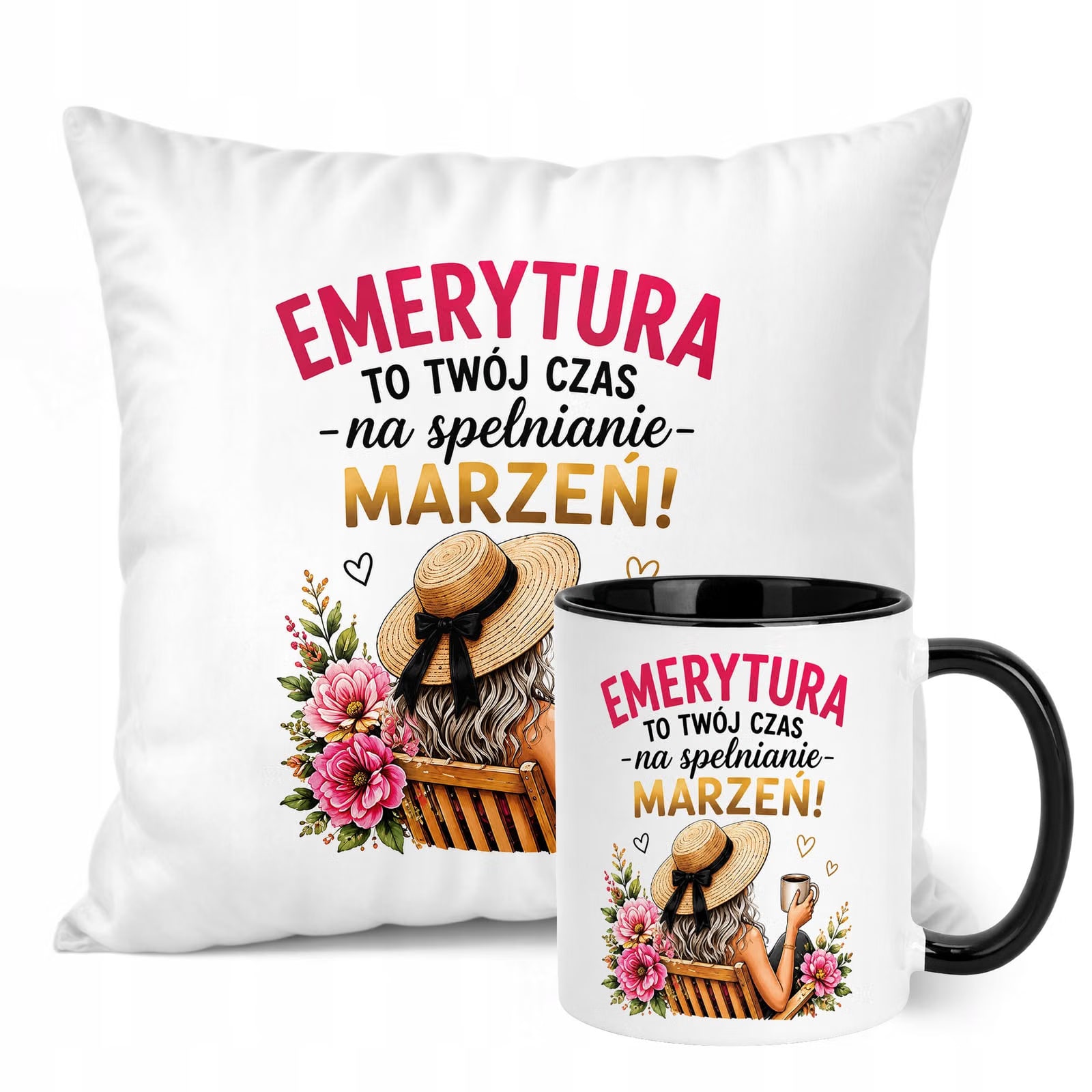 Zestaw Kubek Czarny Poduszka Z Nadrukiem Emerytura Dla Emerytki Prezent