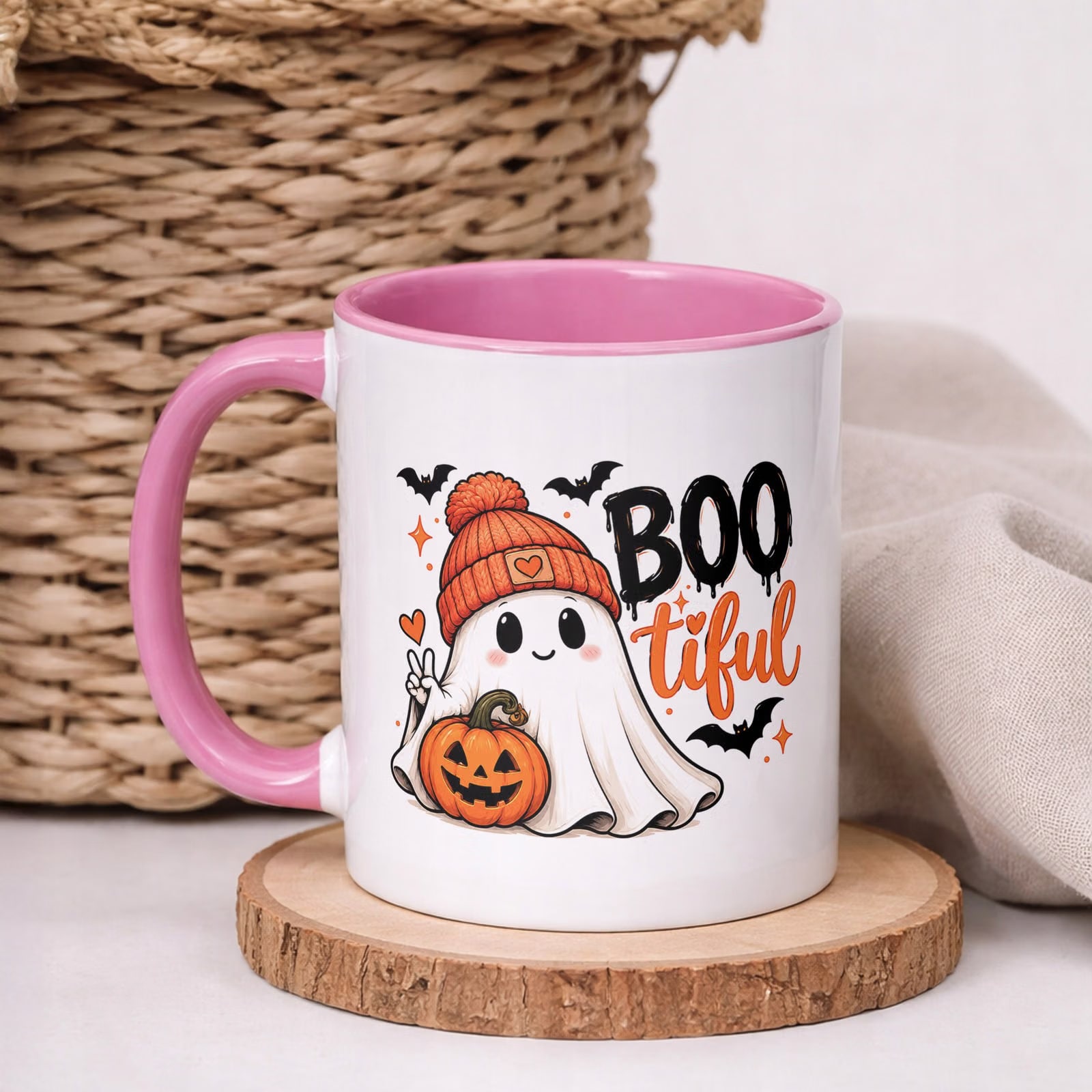 Kubek Różowy z Nadrukiem Halloween Jesień Duch Dynia Prezent Upominek