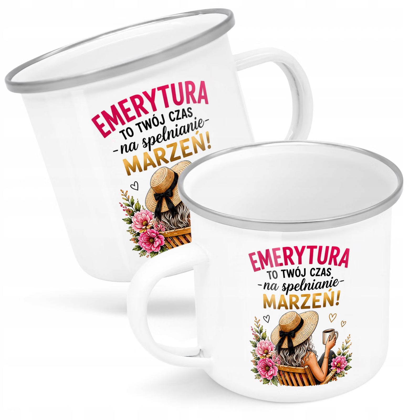 Kubek Emaliowany Emerytura Dla Emerytki z Nadrukiem Biały Metalowy Prezent