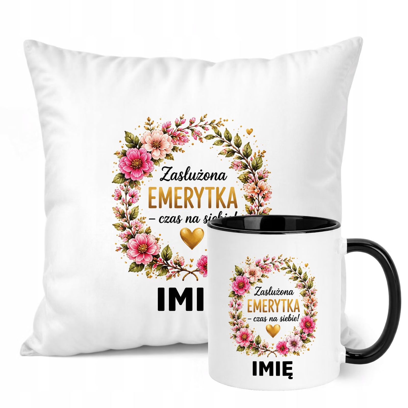Zestaw Personalizowany Kubek Czarny Poduszka Emerytura Upominek Prezent