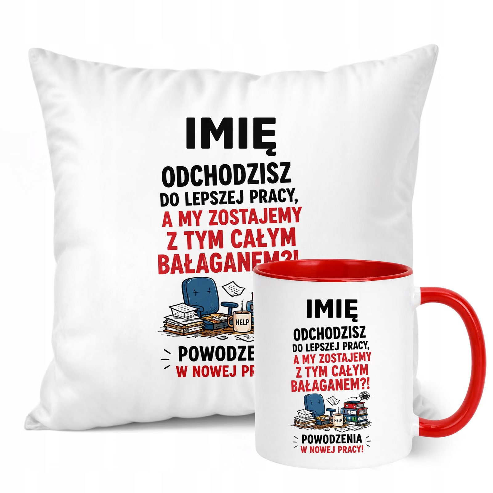 Zestaw Personalizowany Kubek Czerwony Poduszka Odejście z Pracy Prezent