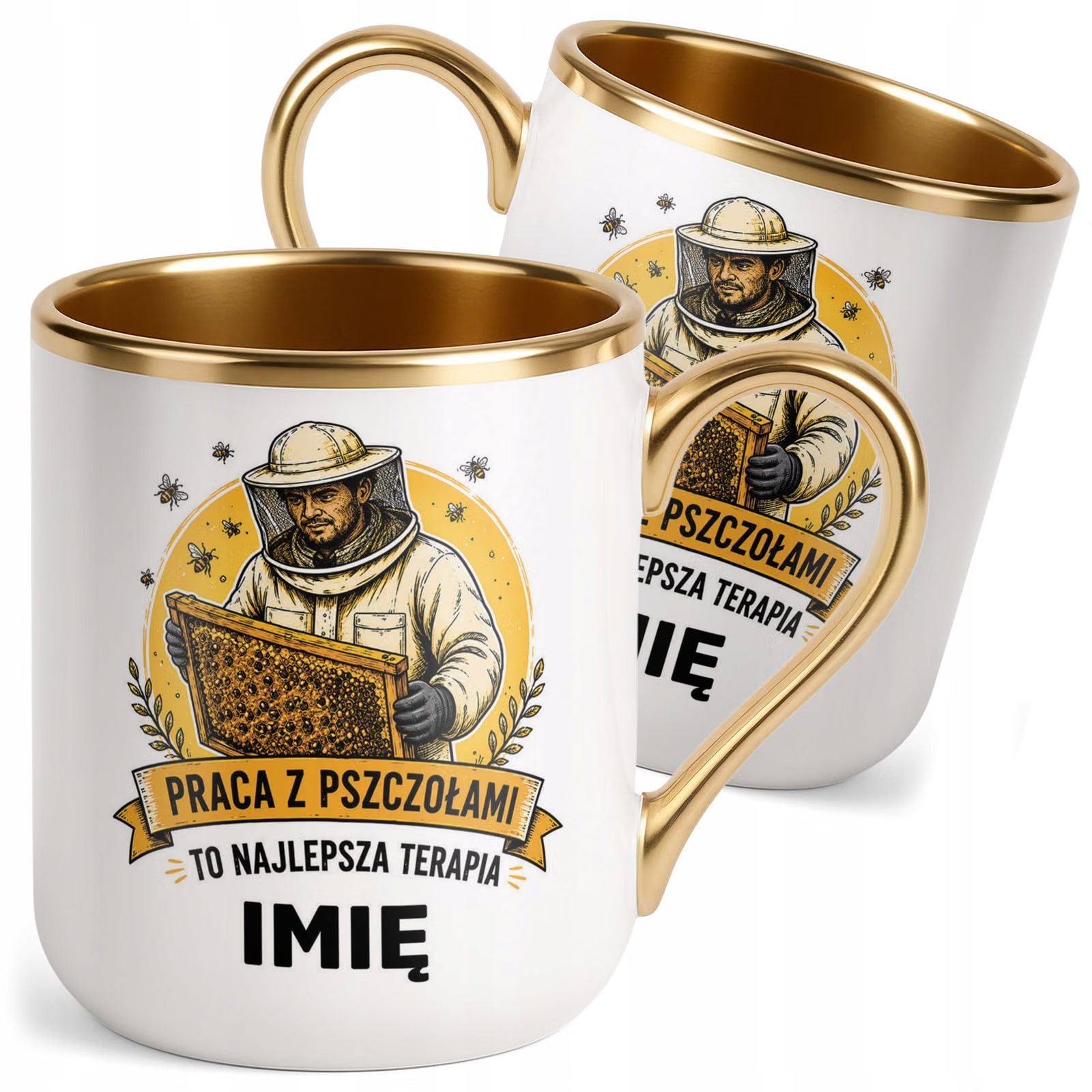 Kubek Personalizowany z nadrukiem Premium Złoty Dla Pszczelarza Prezent