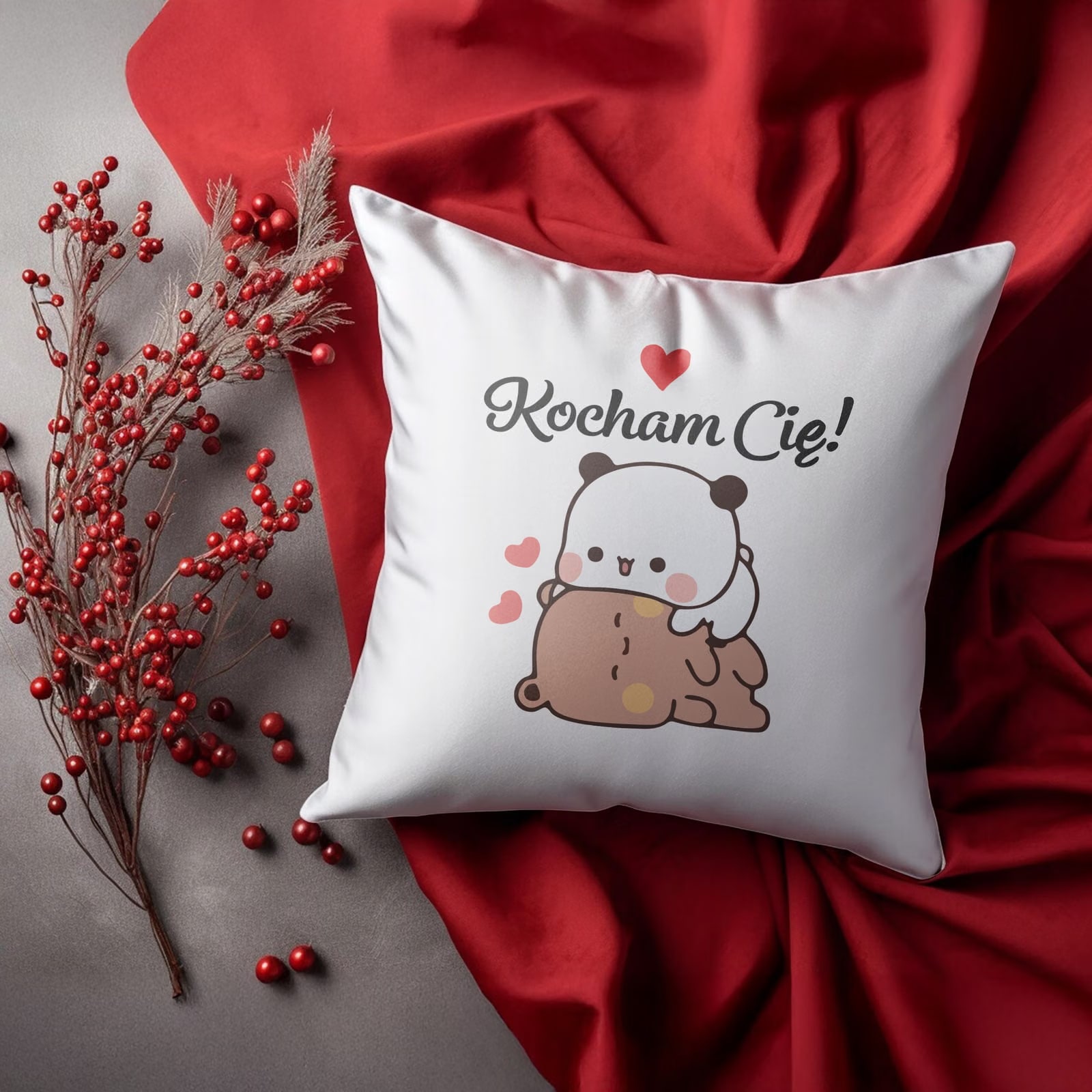 Zestaw Kubek + Poduszka 38×38 cm Walentynki Bubu i Dudu Kocham Cię