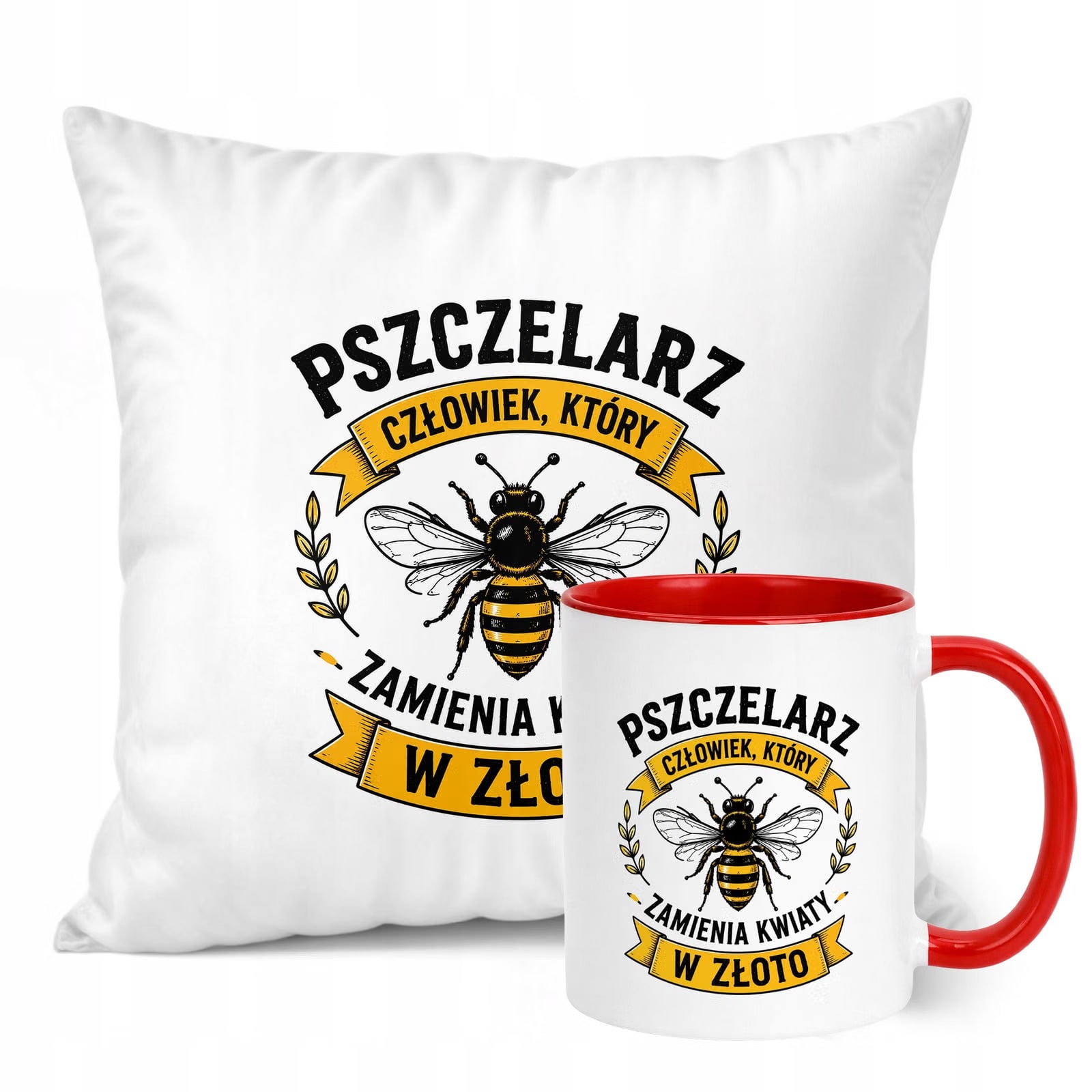 Zestaw Kubek Czerwony Poduszka Z Nadrukiem Dla Pszczelarza Prezent