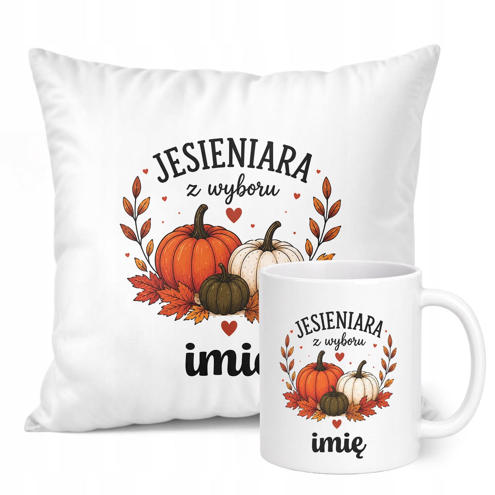 Zestaw Personalizowany Kubek Biały Poduszka Jesień Jesienny Z Nadrukiem