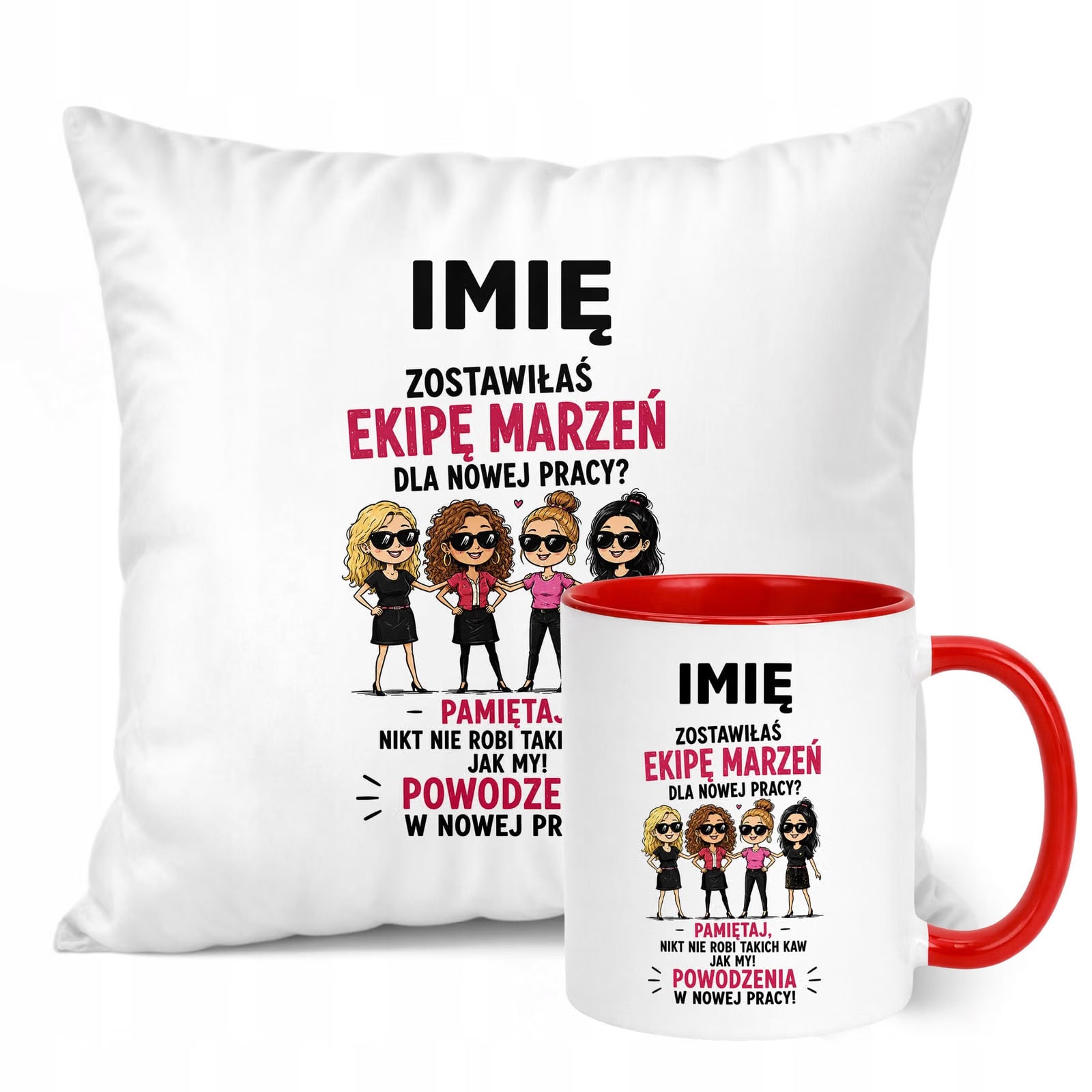 Zestaw Personalizowany Kubek Czerwony Poduszka Odejście z Pracy Prezent