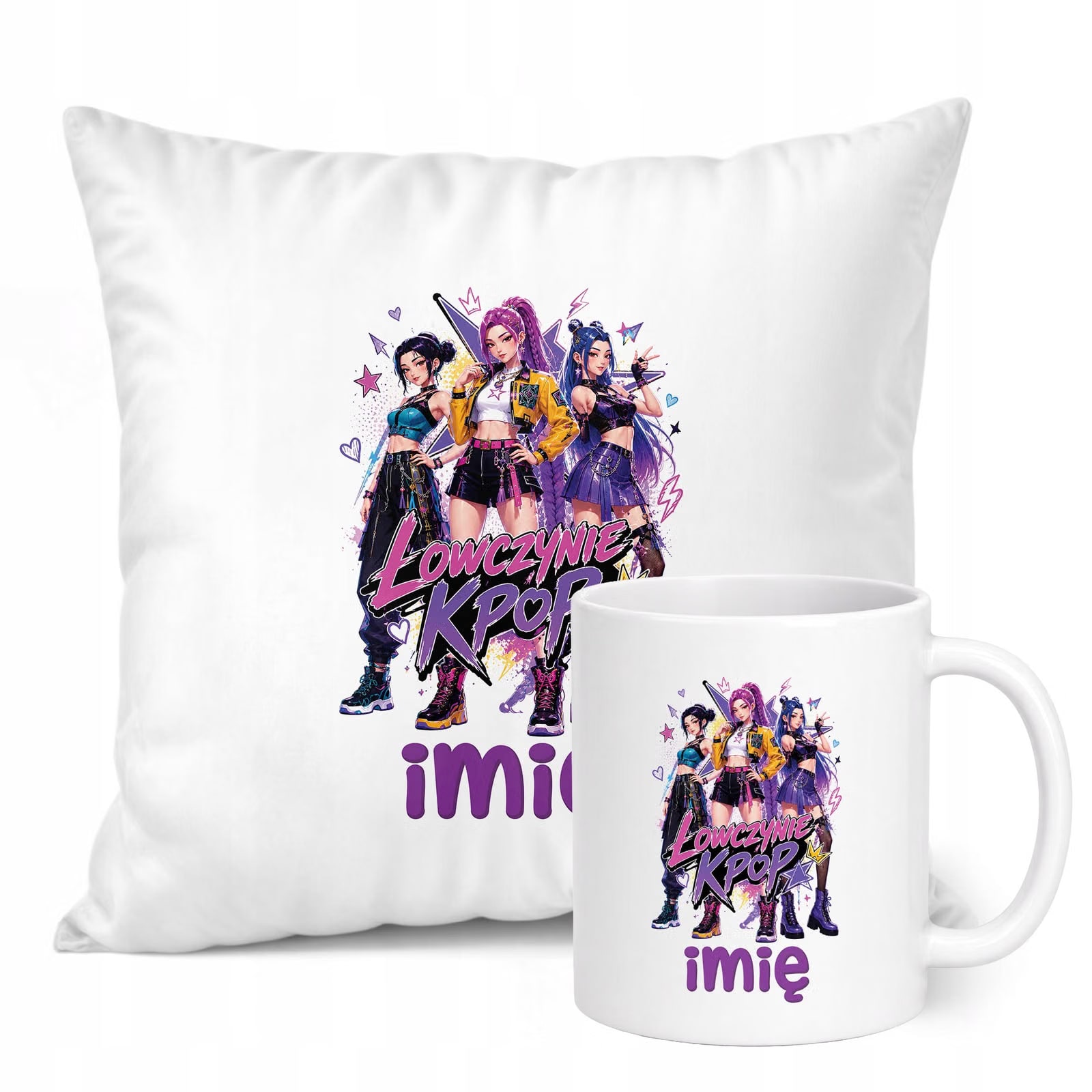 Zestaw Personalizowany Kubek Biały Poduszka Łowczynie Kpop Prezent