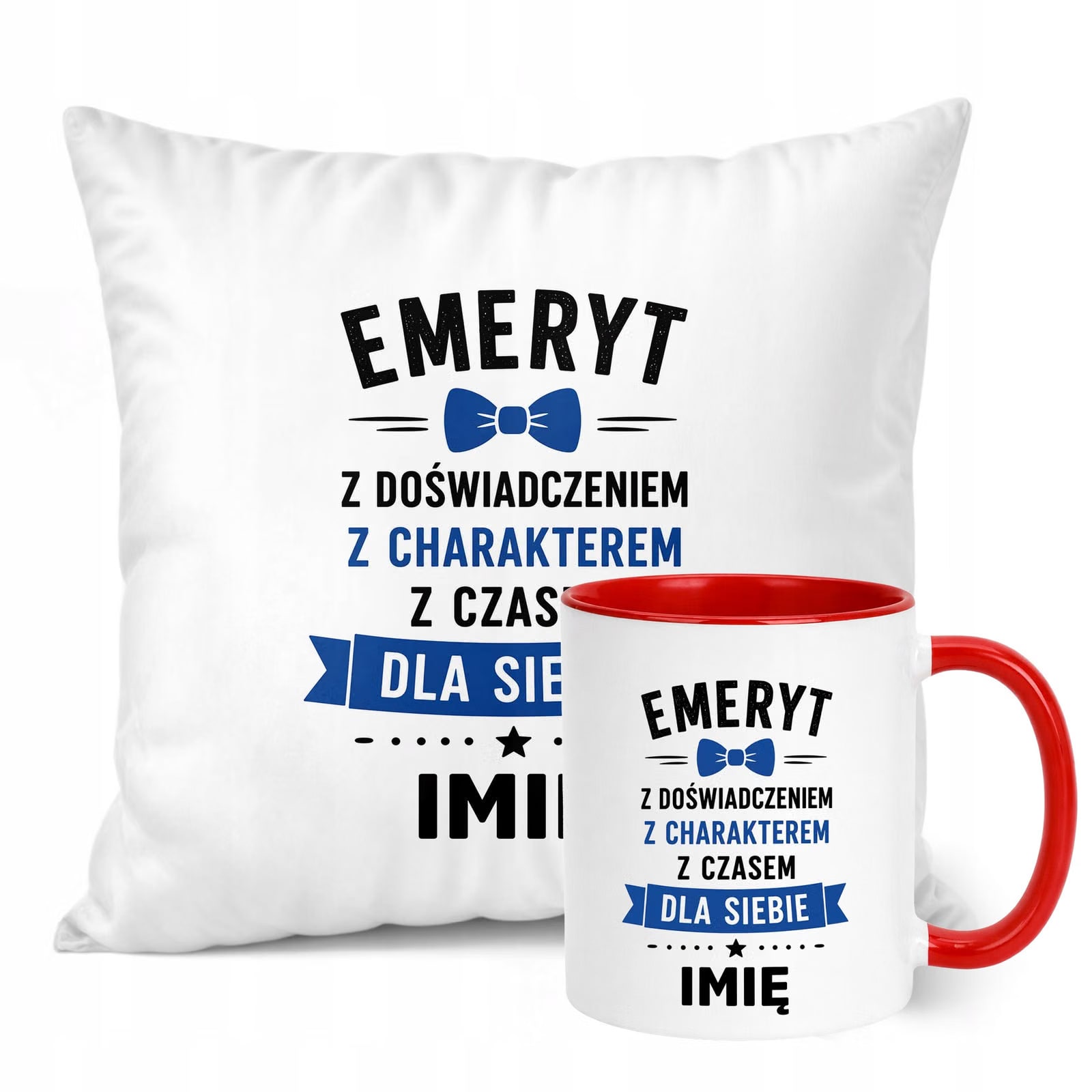 Zestaw Personalizowany Kubek Czerwony Poduszka Emerytura Upominek Prezent