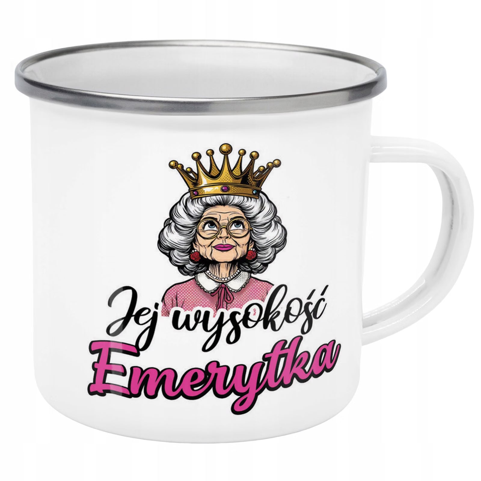 Kubek Emaliowany Z okazji Emerytury Emerytka z Nadrukiem Biały Metalowy