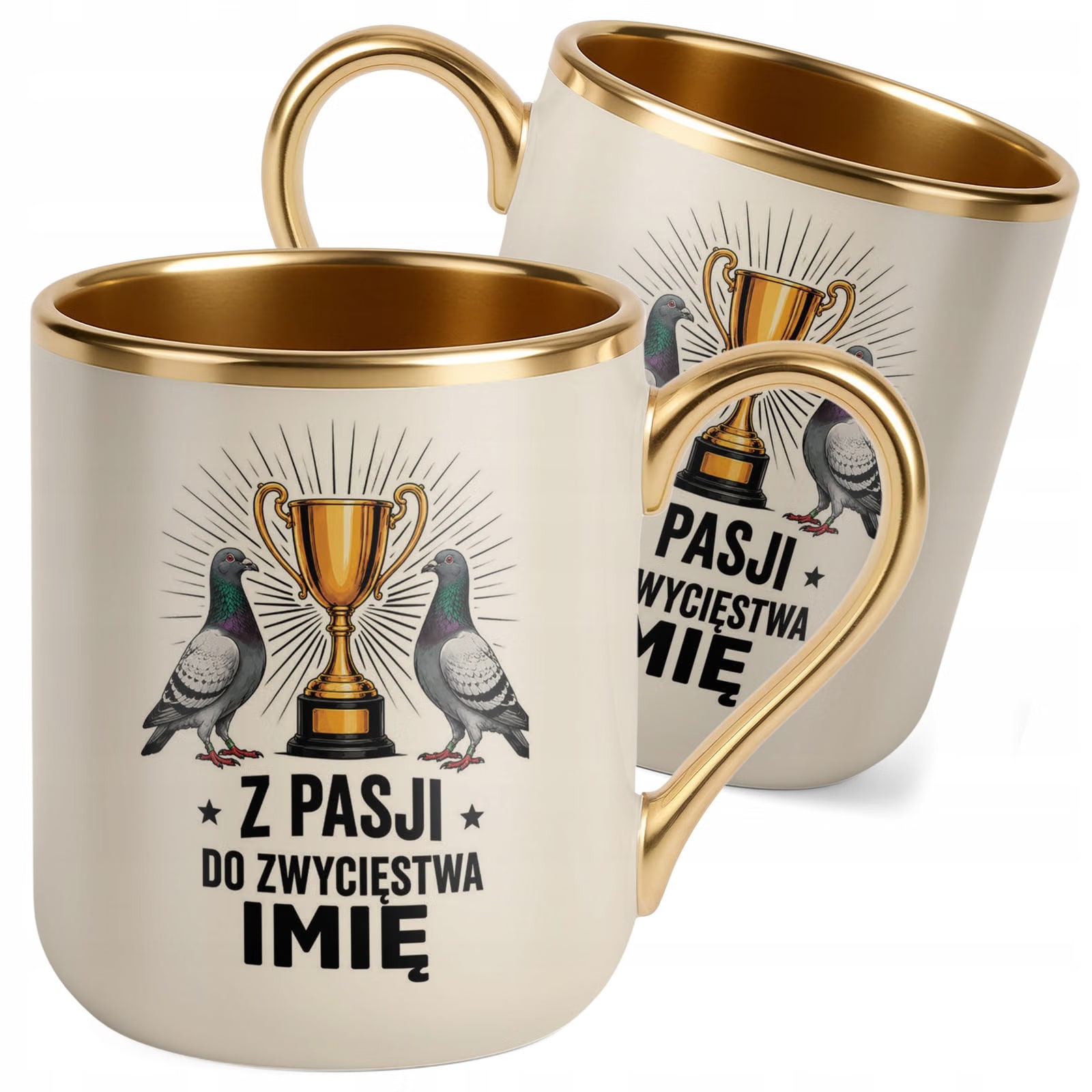 Kubek Personalizowany z nadrukiem Premium Złoty Ecru Dla Gołębiarza Prezent