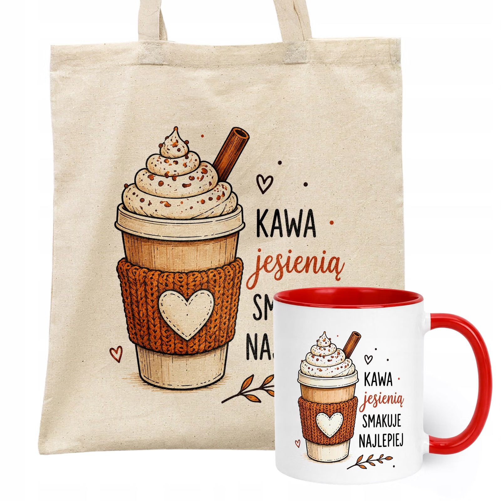 Zestaw Kubek Czerwony Torba Shopper Ecru Z Nadrukiem Jesień Jesienny