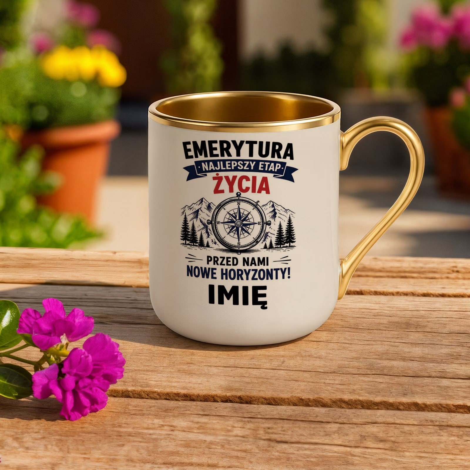 Kubek Personalizowany z nadrukiem Premium Złoty Ecru Emerytura Prezent