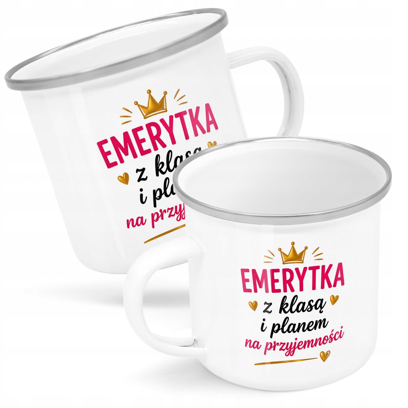 Kubek Emaliowany Emerytura Dla Emerytki z Nadrukiem Biały Metalowy Prezent