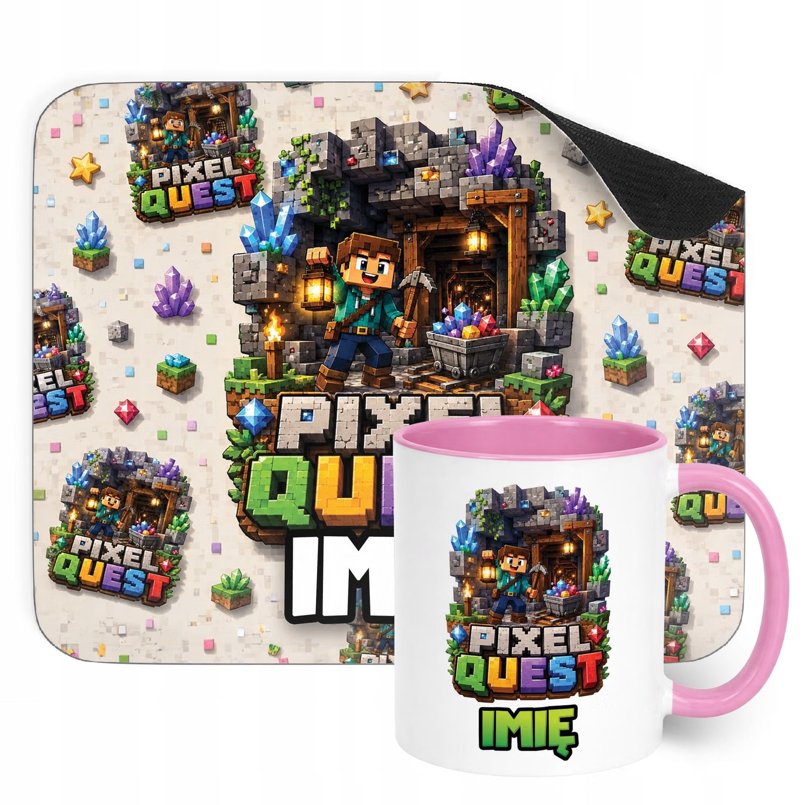 Zestaw personalizowany Kubek Różowy Podkładka pod mysz gra Pixel Quest