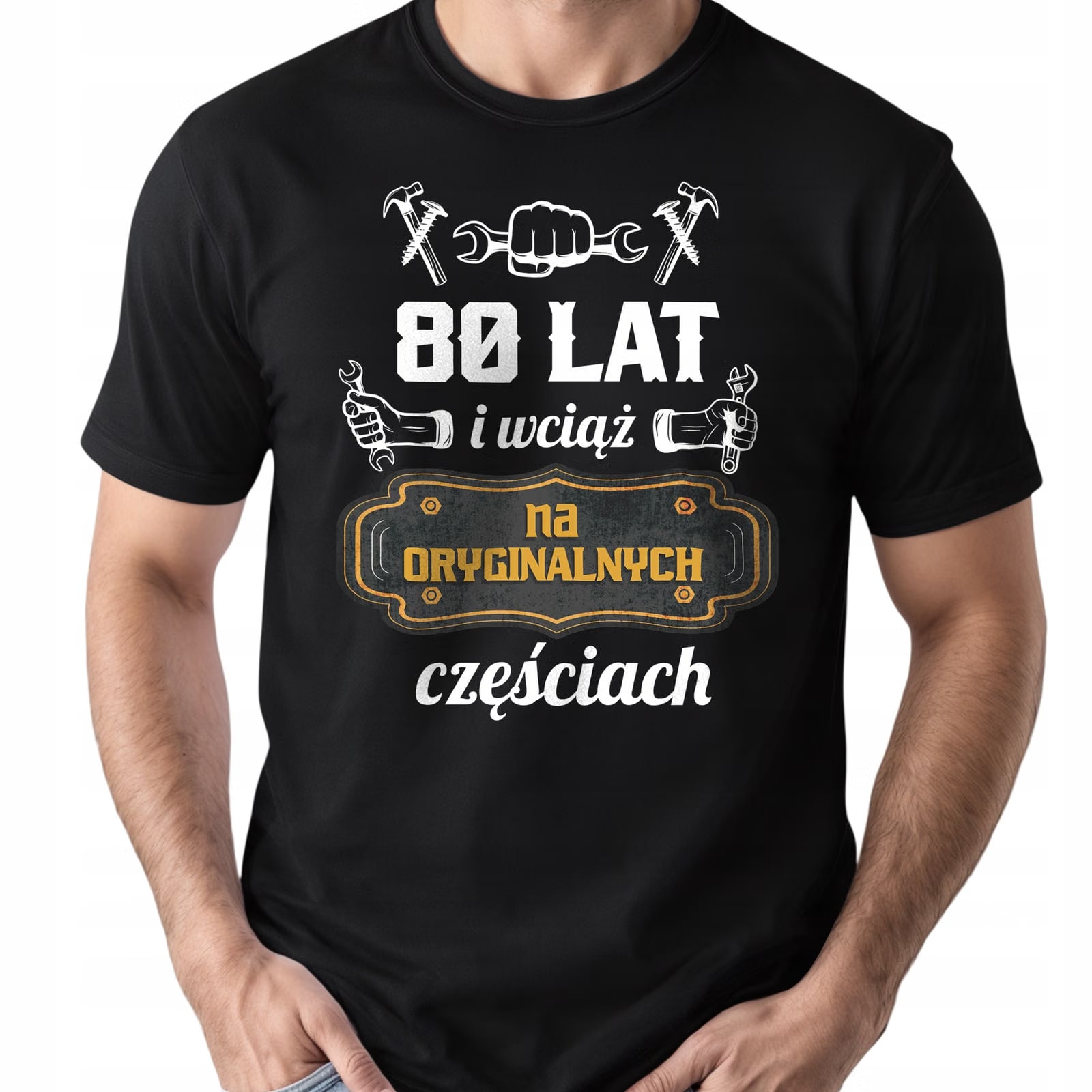Koszulka czarna męska 80 Urodziny Wciąż Na Oryginalnych Częściach r. 3XL